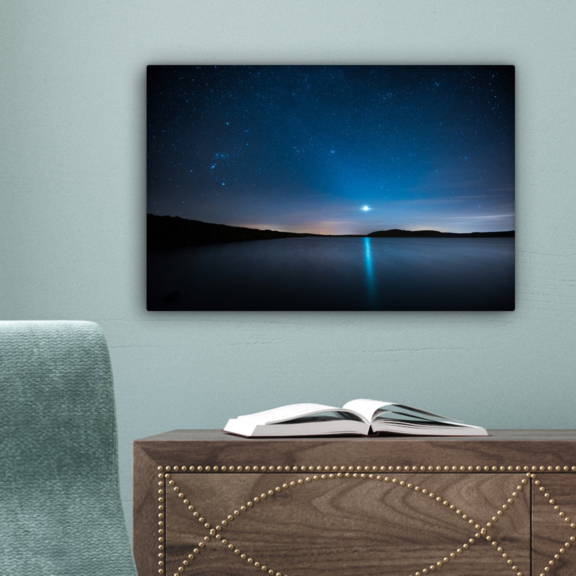 Wasser - - Leinwandbild Aufhängefertig, St), (1 cm 30x20 Leinwandbilder, Mond, OneMillionCanvasses® Wandbild Wanddeko, Sternenhimmel