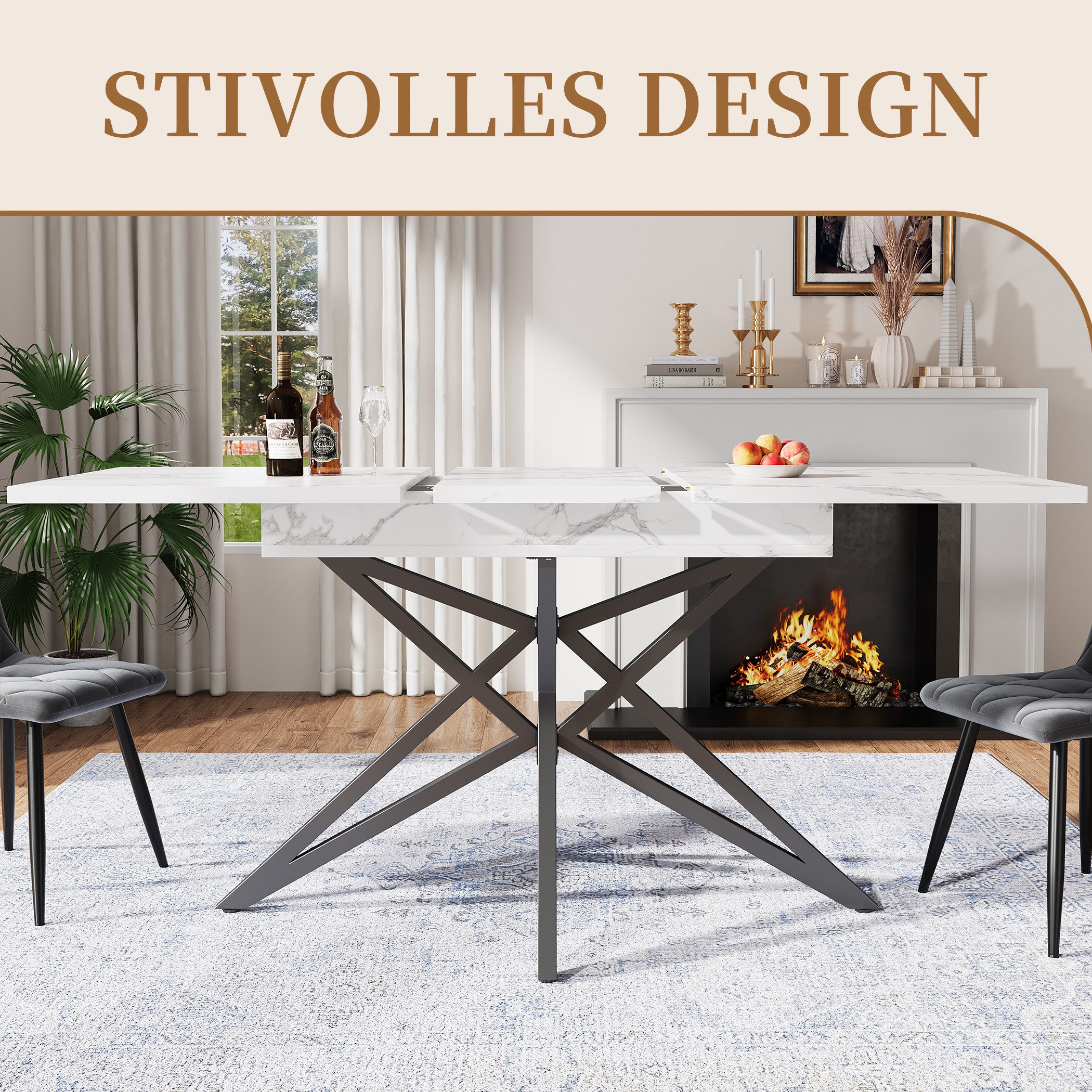 SeedWave Esstisch Küchentisch Ausziehtisch, Eisenfüßen mit Verstellbaren Stützschrauben, Esszimmertisch mit gemaserter Tischplatte, 1 abnehmbarem Paneel