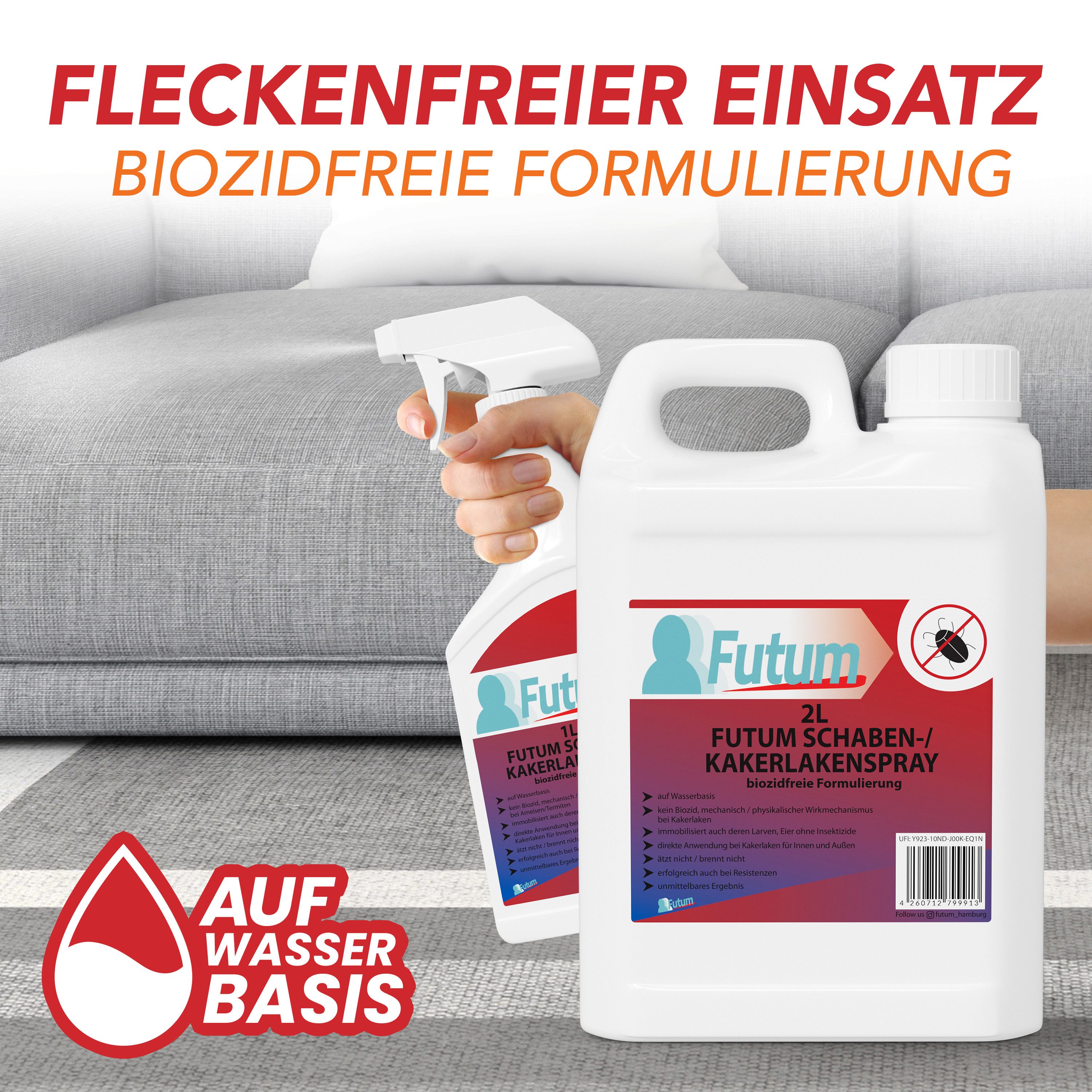 FUTUM Insektenspray Kakerlaken Spray Schaben Spray Küchenschaben Abwehr, 2 l, biozidfreie Formel, auf Wasserbasis, geruchsarm, brennt / ätzt nicht