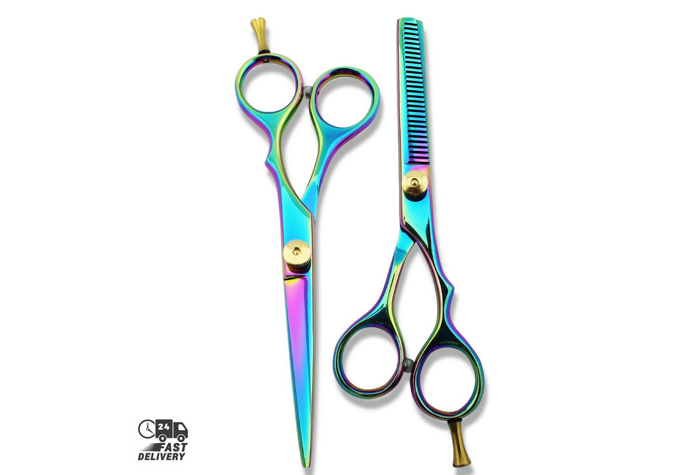 Haryali London Haarschere Mehrfarbiges Friseurscheren-Set, 5,5 Zoll zum Schneiden und Ausdünnen, (2-teiliges Scherenset, 2-tlg., Schneiden einer Schere, Effilierschere), einstellbar, Fingerauflage, stilvoller Look
