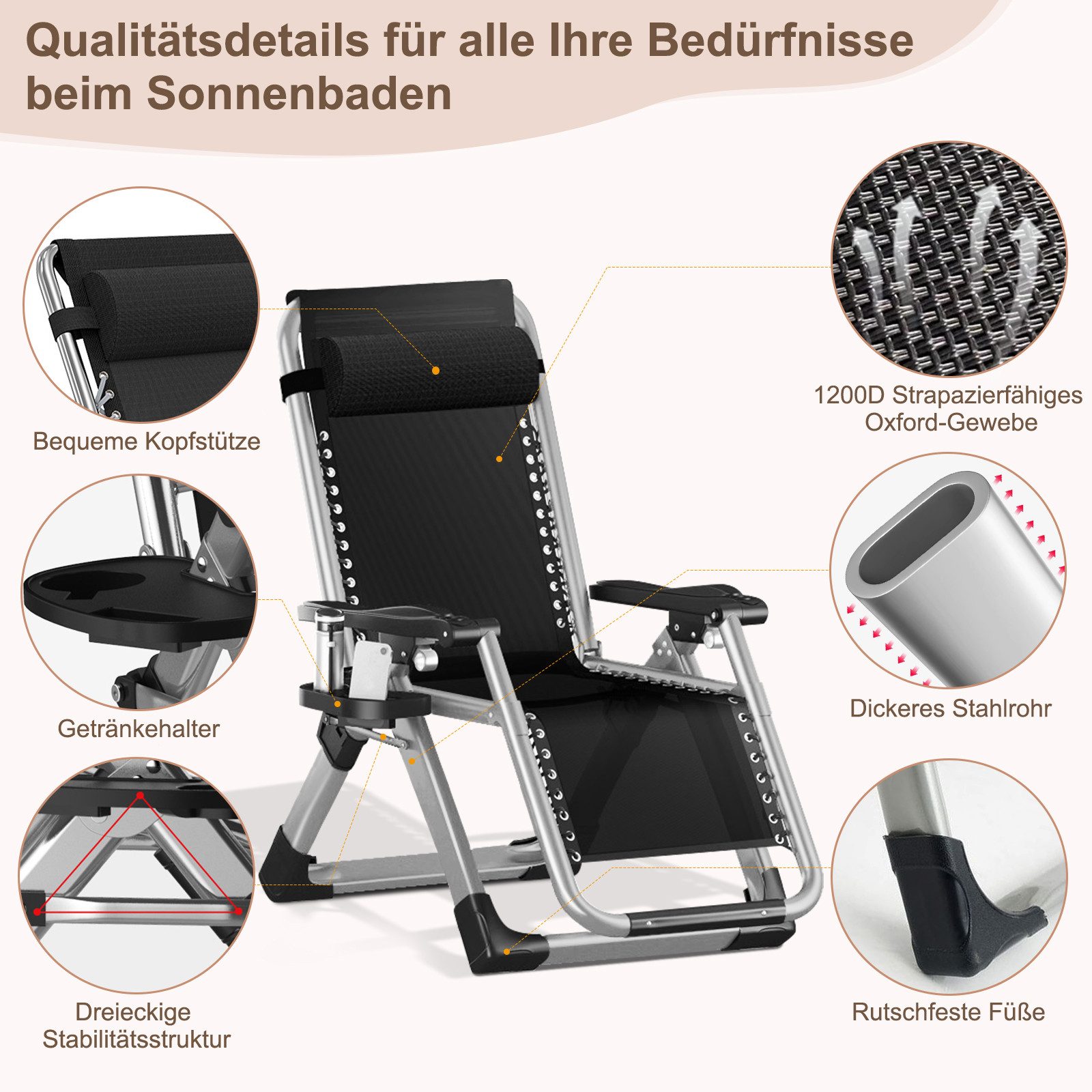 Meulbaty Klappstuhl 200KG Belastbar Klappbar Liegestuhl mit Auflage, Sitzen (2.3-3cm Matratze, 1 St), für Wohnzimmer, Balkon, Strand oder Pool – Bild 4 von 5