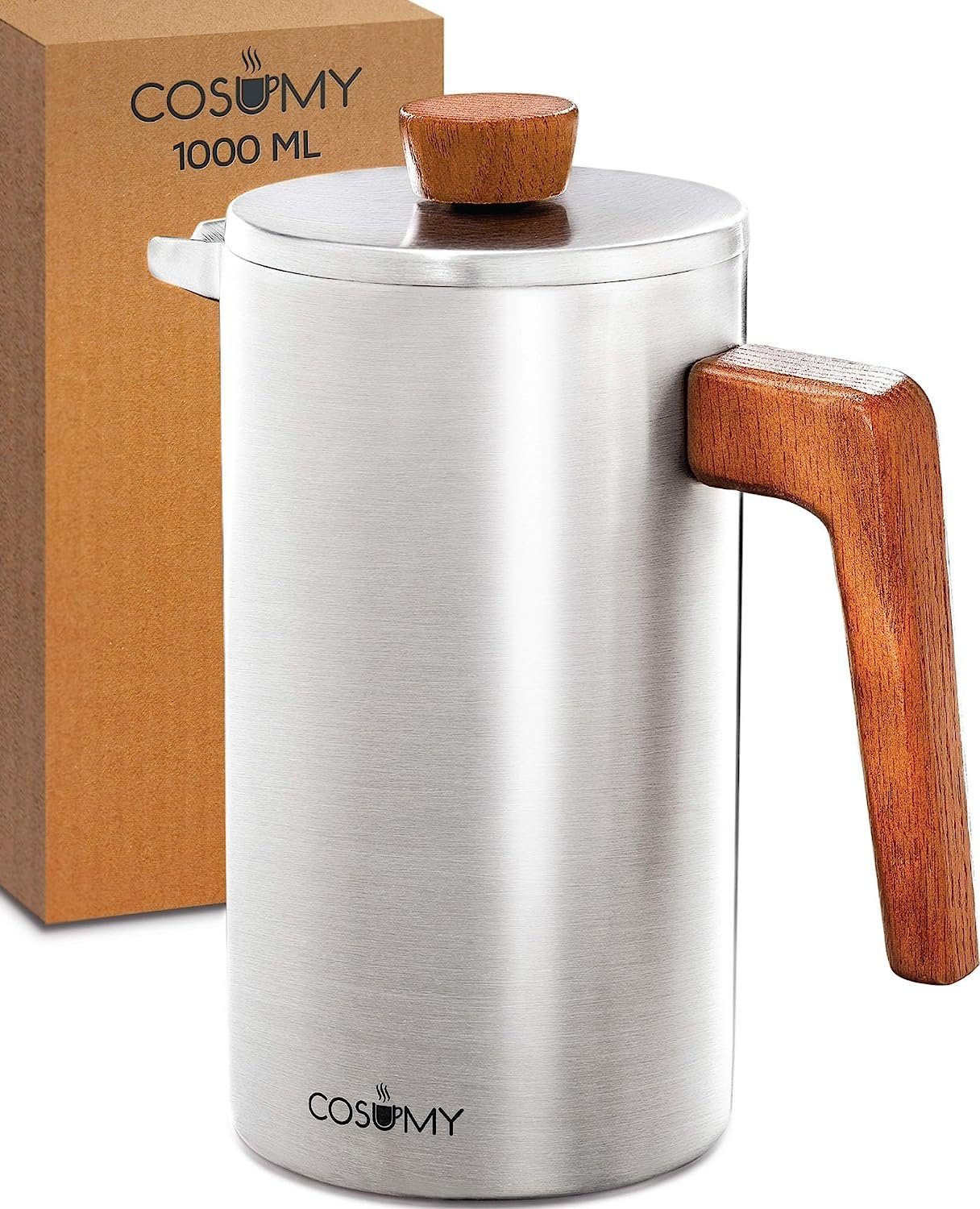 Cosumy French Press Kanne 1L Edelstahl Kaffeekanne, Edelstahlfilter, Ersatzfiltern