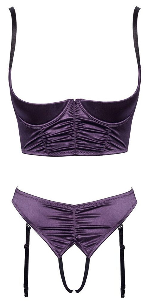 Cottelli Collection Set: Bügel-BH Dessous-Set: BH und Ouvert-String mit Strumpfhaltern - lila (2-tlg) offener Schritt und Cups