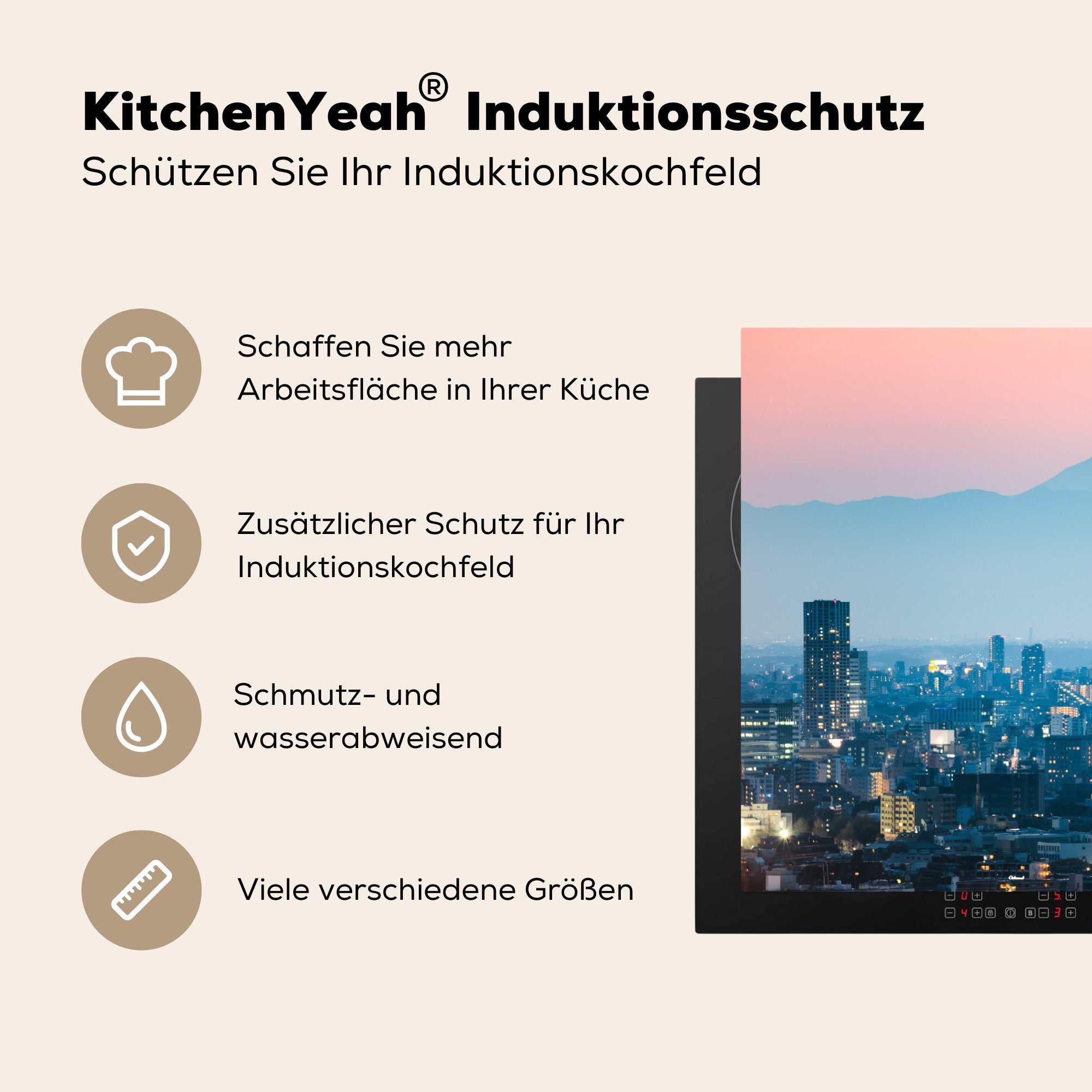 MuchoWow Herdblende-/Abdeckplatte cm, von Japan, Induktionskochfeld Tokio tlg), 81x52 (1 Schutz die in Vinyl, küche, Stadtzentrums für Ceranfeldabdeckung des Skyline