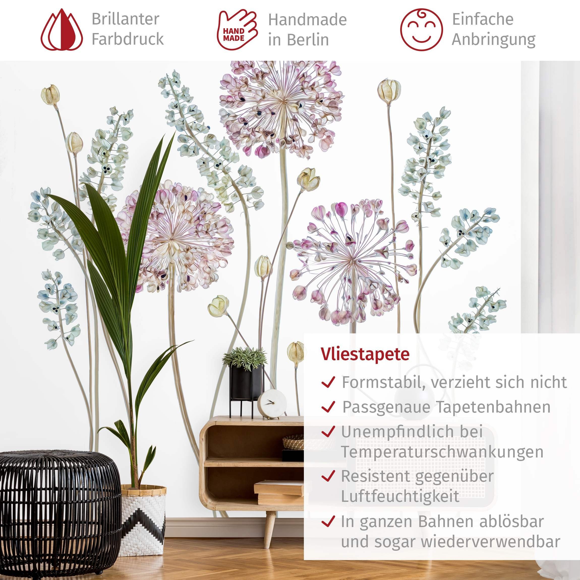 Bilderdepot24 Fototapete Blumen Allium Illustration Blumentapete Floral Natur Modern Kunst, Glatt, Matt, (Vliestapete inkl. Kleister oder selbstklebend), Wohnzimmer Schlafzimmer Küche Flur Motivtapete Vliestapete Wandtapete