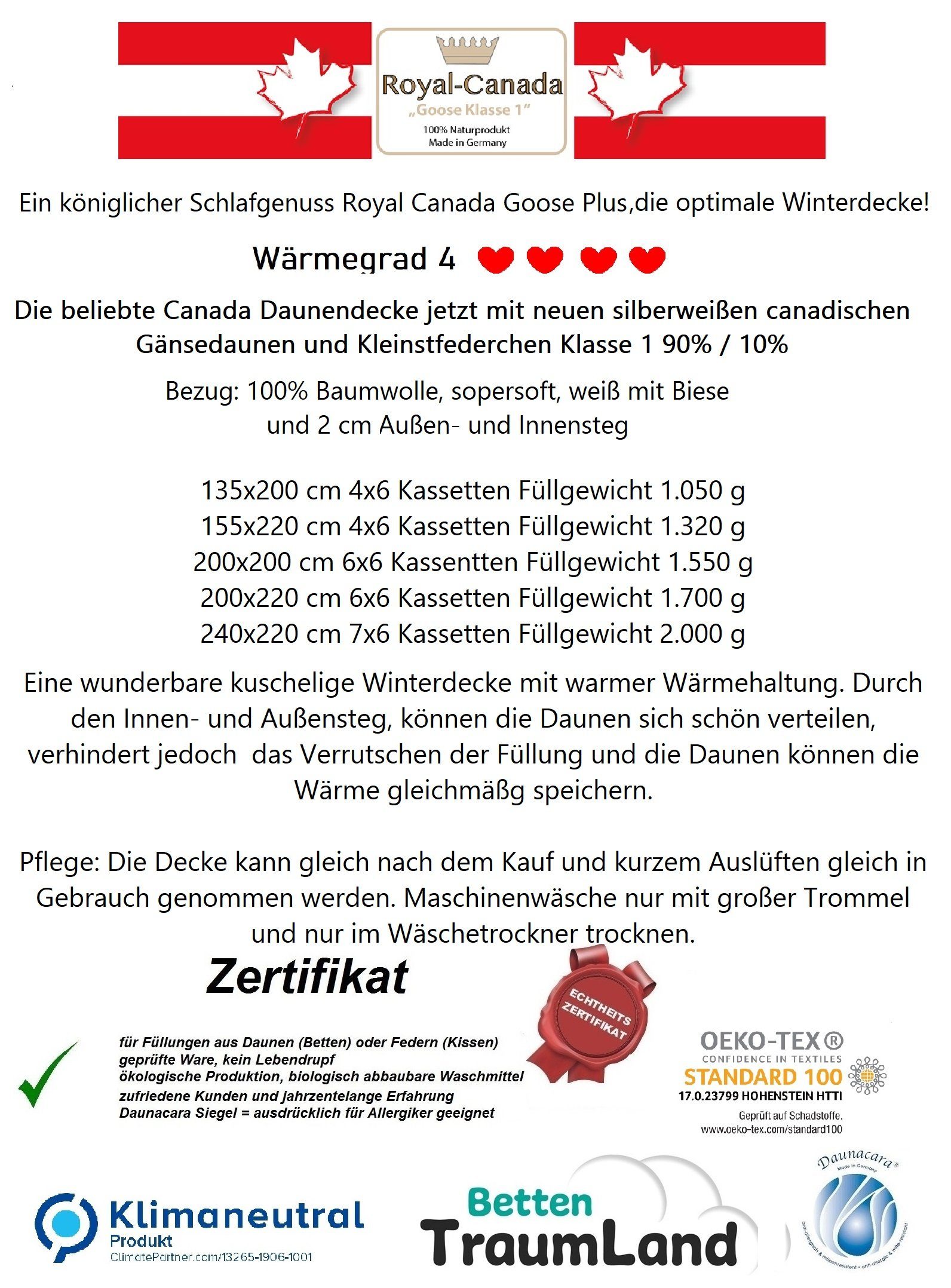 Canada Gänsedaunenbettdecke Royal Canada Goose Gänsedaune Winterdecke Plus, günstig online kaufen