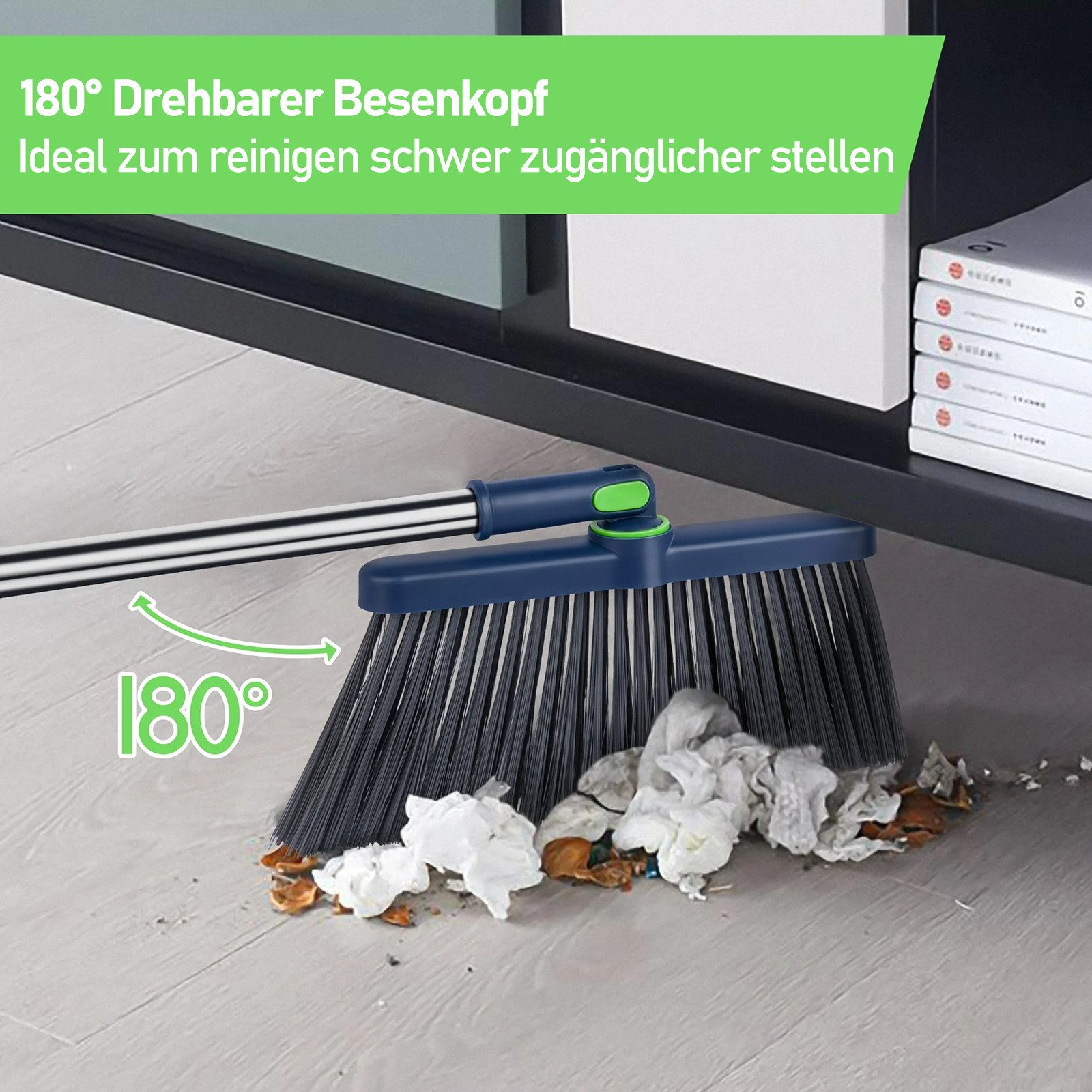 HUGERSTONE Kehrgarnitur Besen und Kehrschaufel Set mit langem Stiel, Kehrbesen 180° Drehung, (Set, 2-tlg, 1 x Besen + 1 x Kehrschaufel), Edelstahl Verlängerbar inkl, Eingebaute Worfelkorbzähne, Wandhalterung