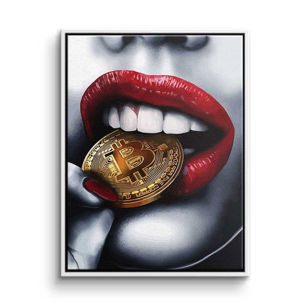 mit Bitcoin Leinwandbild elegant DOTCOMCANVAS® Crypto rote Leinwandbild Girl, Bitcoin Rahmen Erotik girl silberner Lippen Münze
