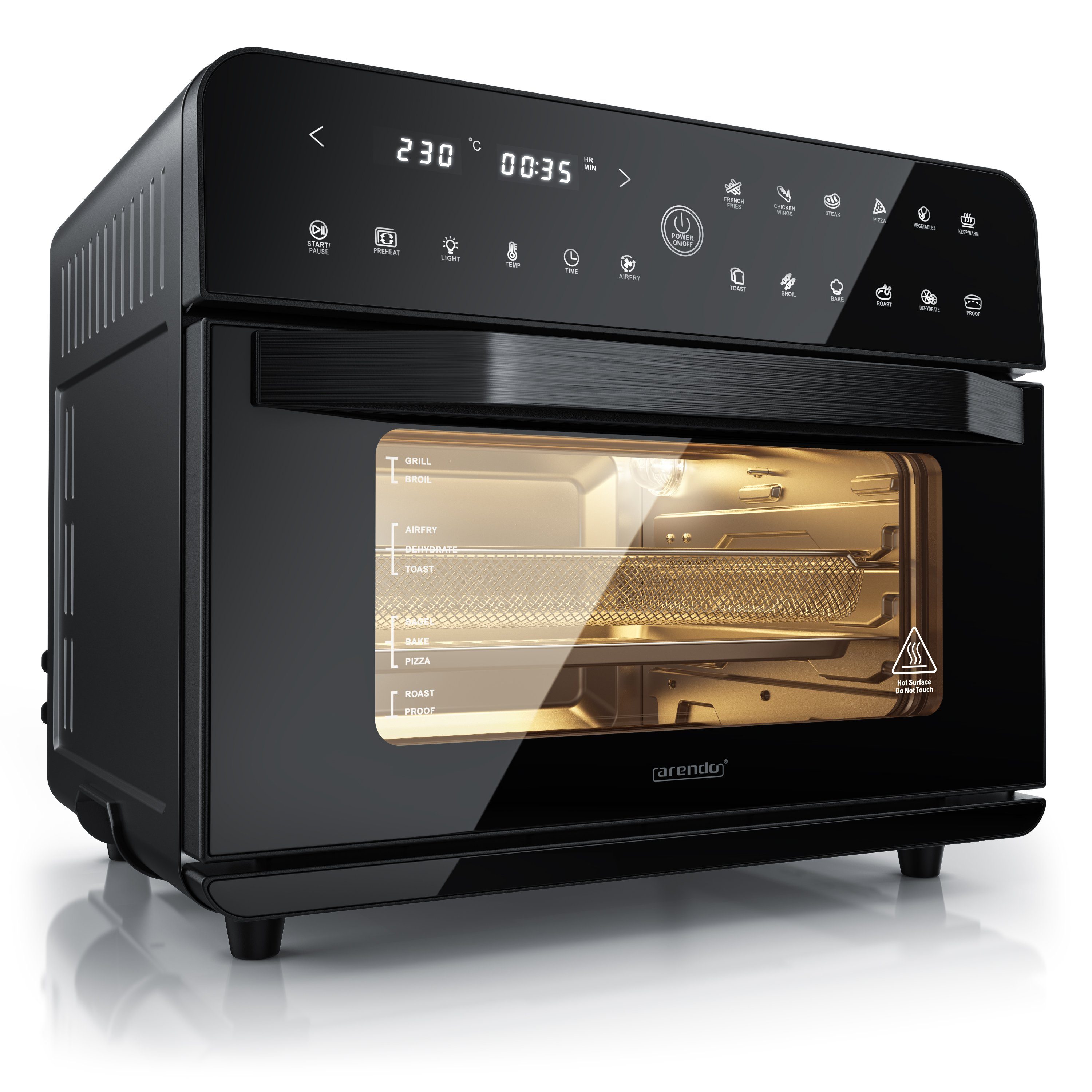 Arendo Minibackofen Airfryer 25L Edelstahl Multifunktionsofen, XXL Heißluftfritteuse 1800W, mini Backofen mit Zubehör, Backblech, Dörrblech, Ofenrost Frittierkorb