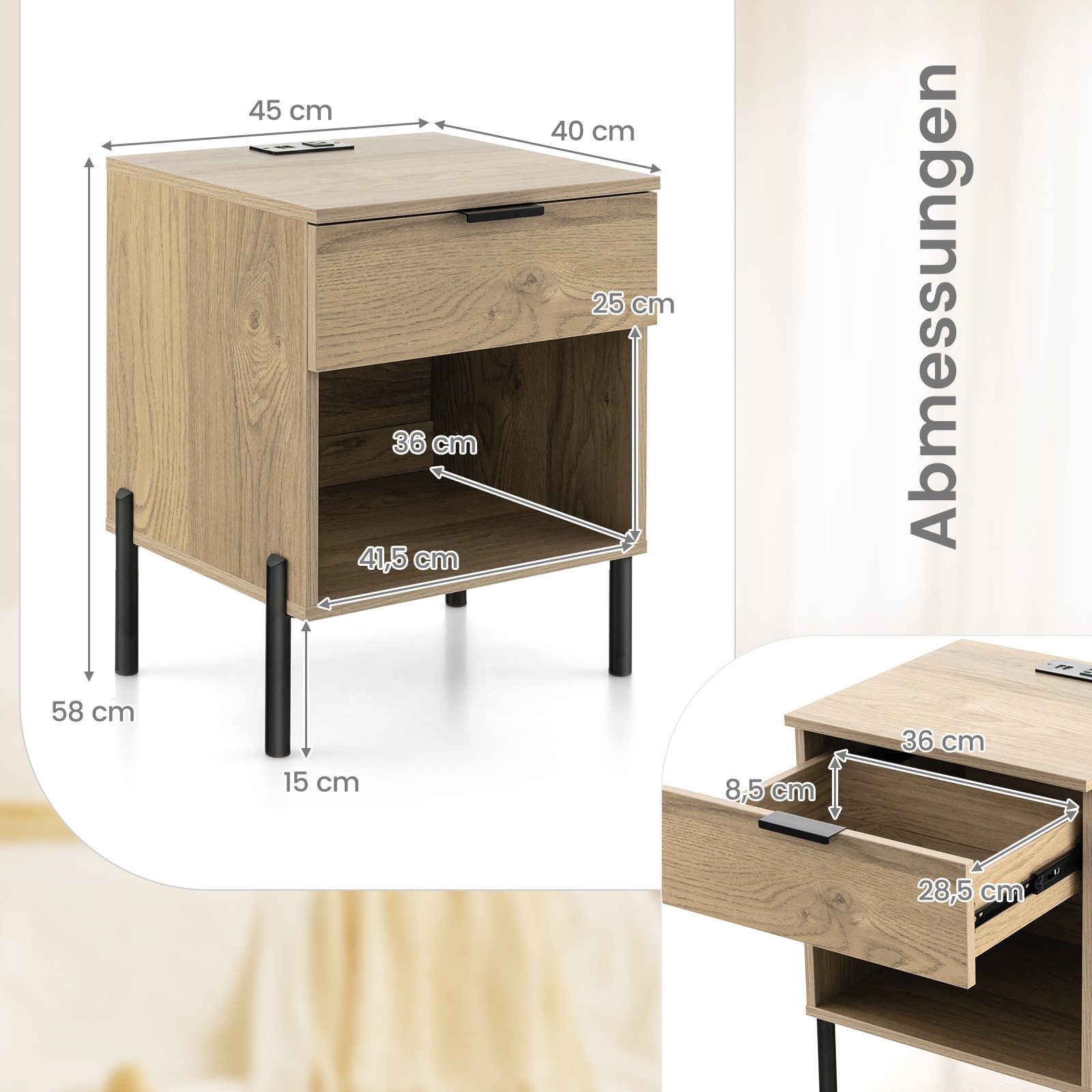 COSTWAY Nachttisch (1-St), mit Ladestation & Schublade & offenem Fach