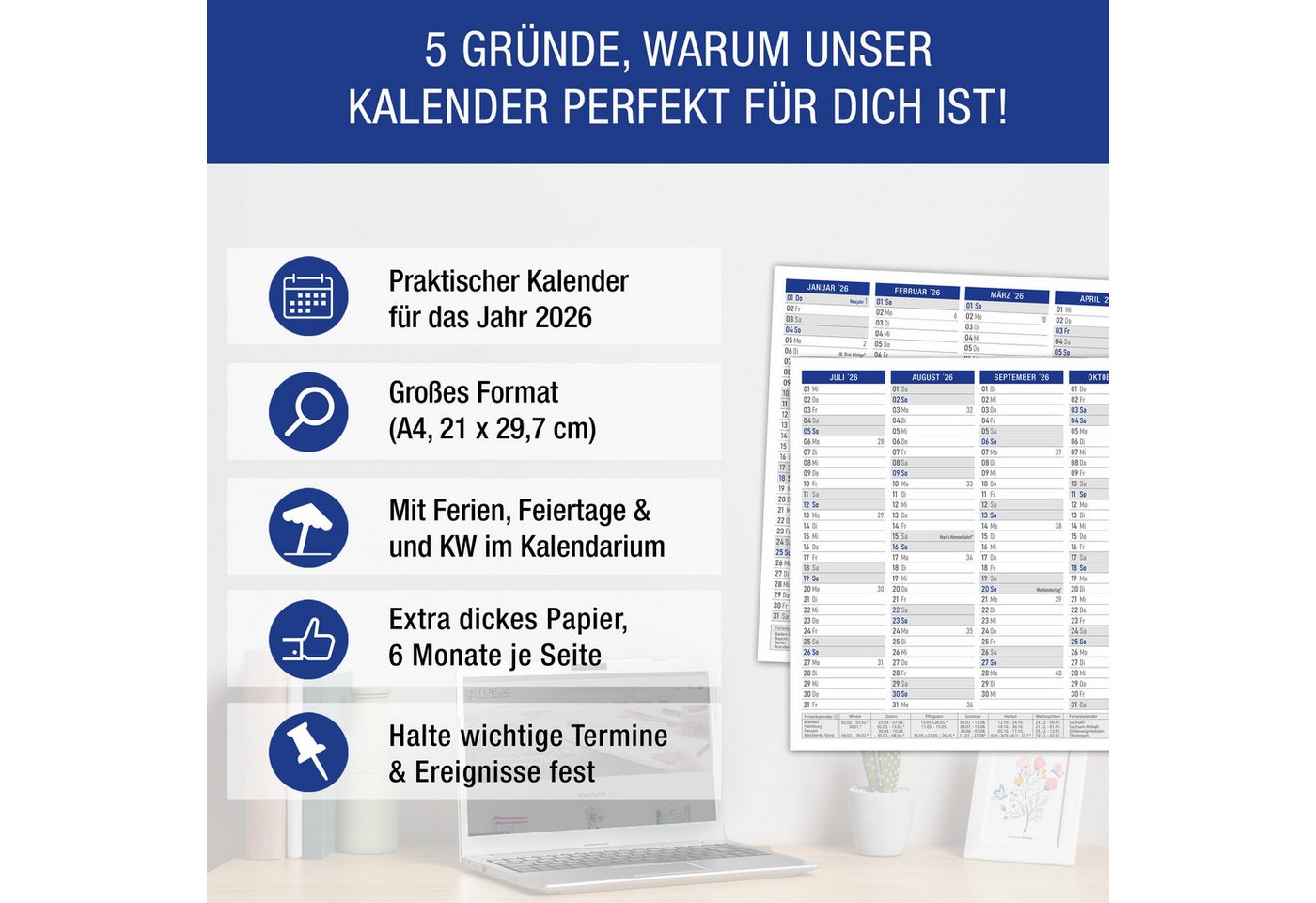 Thumbnail - TOBJA Wandkalender A4 Tafelkalender Blau 2026 3er Set, Wandkalender, Jahresplaner, Schulferien, Feiertage, Kalender 2026