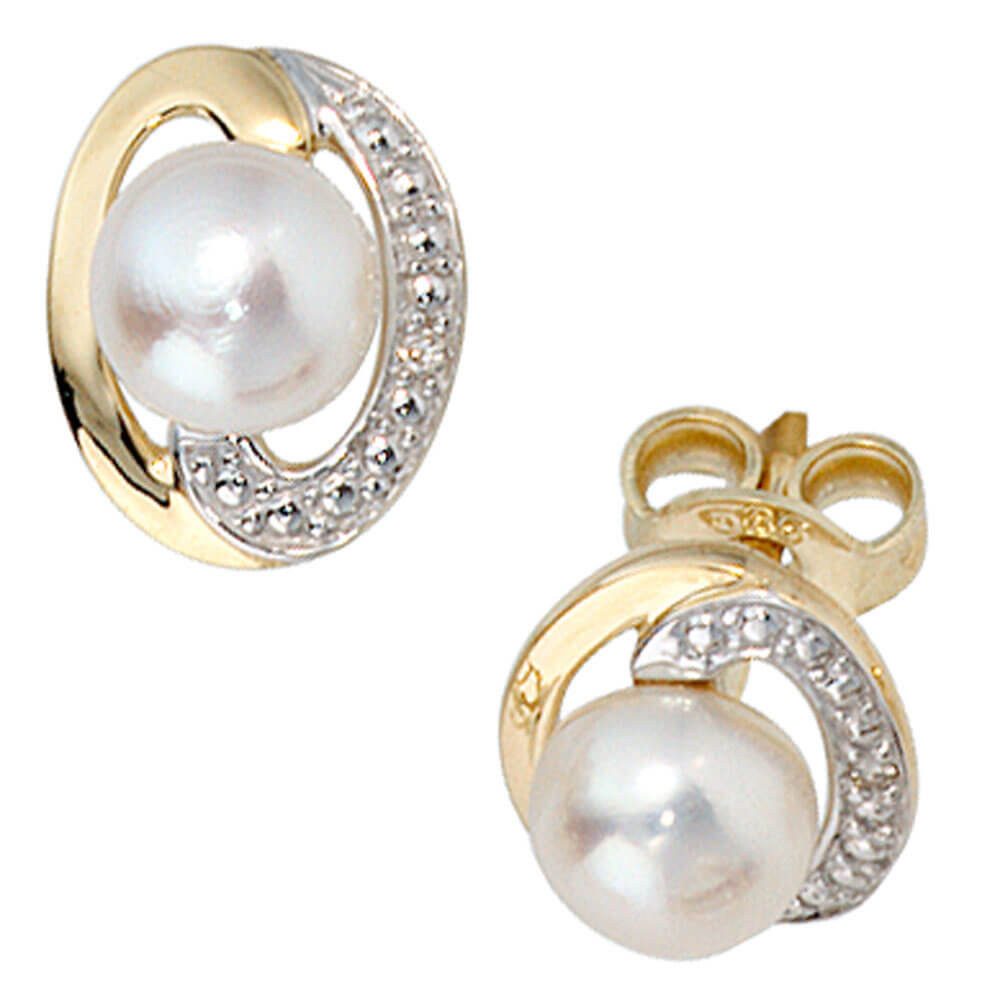 Schmuck Krone Schmuckset Schmuck-Set, 585 Gold bicolor, 3 Perlen 4 Diamanten, 45cm, Gold 585