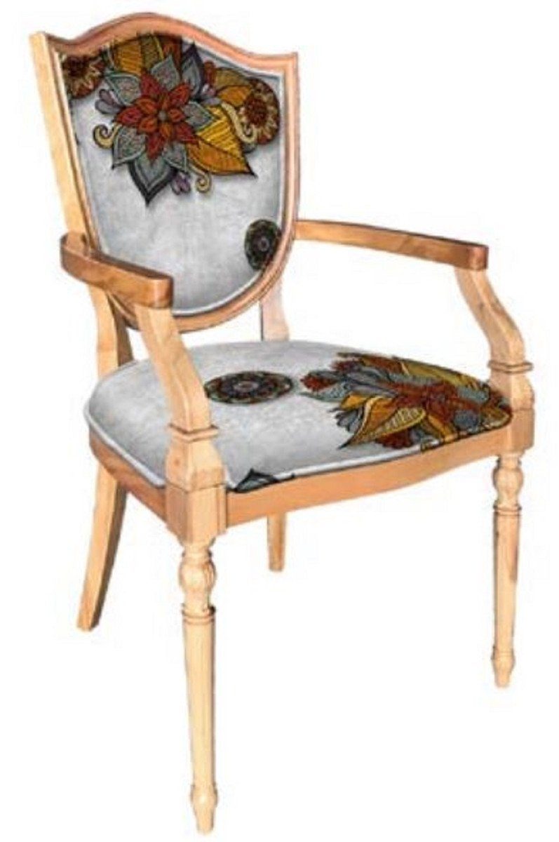 Casa Padrino Esszimmerstuhl Art Deco Esszimmerstuhl Silber / Mehrfarbig / Naturfarben - Massivholz Stuhl mit Armlehnen und elegantem Muster - Art Deco Esszimmer Möbel
