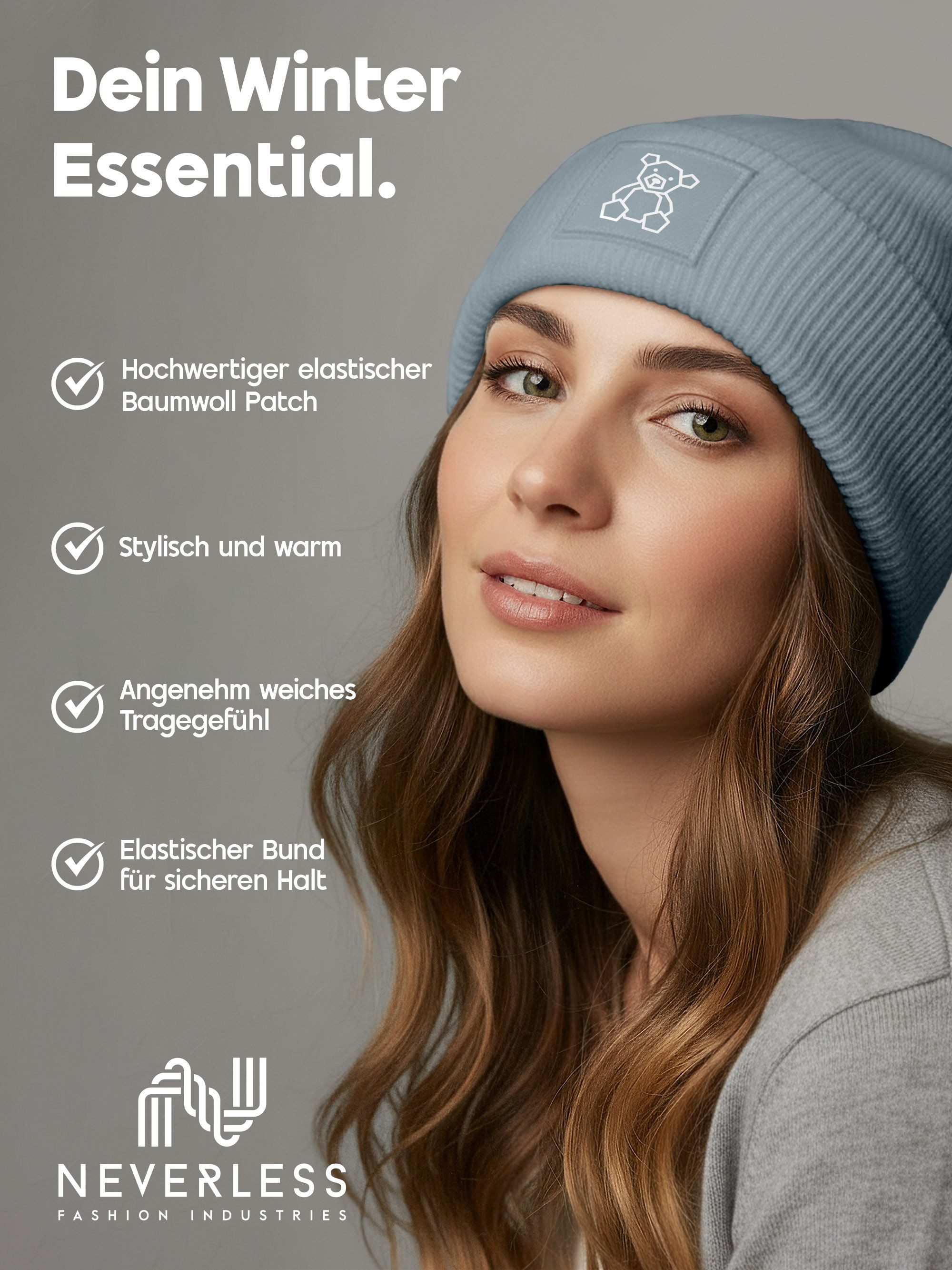 Neverless Strickmütze Damen Beanie Patch Polygon Teddy Bär Aufdruck Print Wintermütze