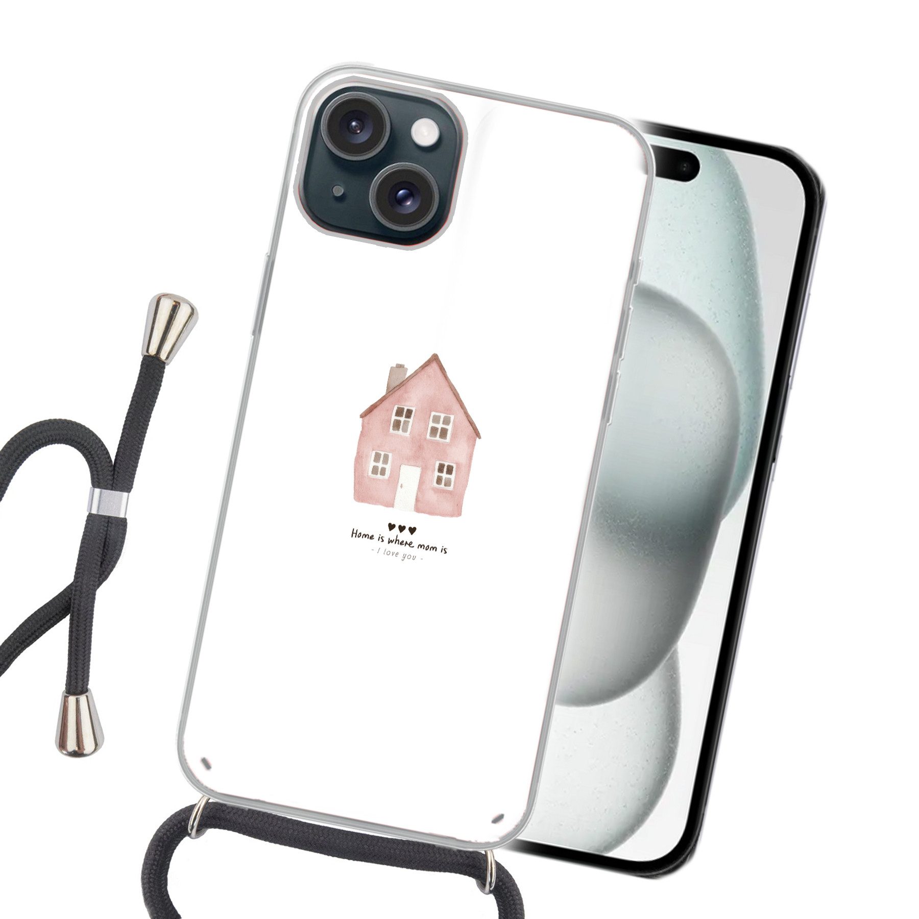 MuchoWow Handyhülle für Apple iPhone 15 Landhaus - Rosa - Zitat - Mutter, Tragbare Handyhüllen mit Kette zum umhängen, Handykette Handyband