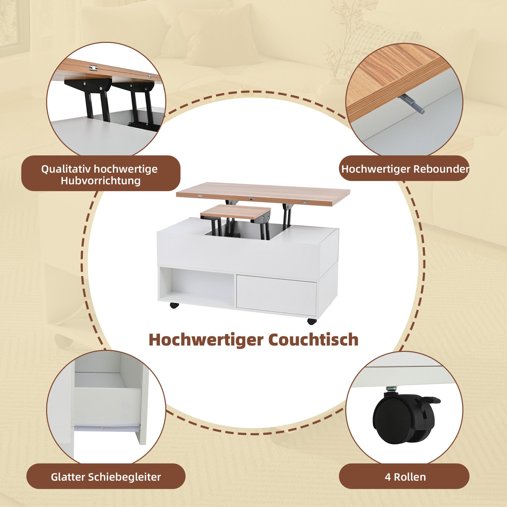 KLAM HOME Couchtisch 100*50*52cm Couchtisch mit 4 Rollen, anhebbarer Kaffeetish (multifunktionaler Wohnzimmertisch mit 4 Schubladen), höhenverstellbar Sofatisch – Bild 5 von 5