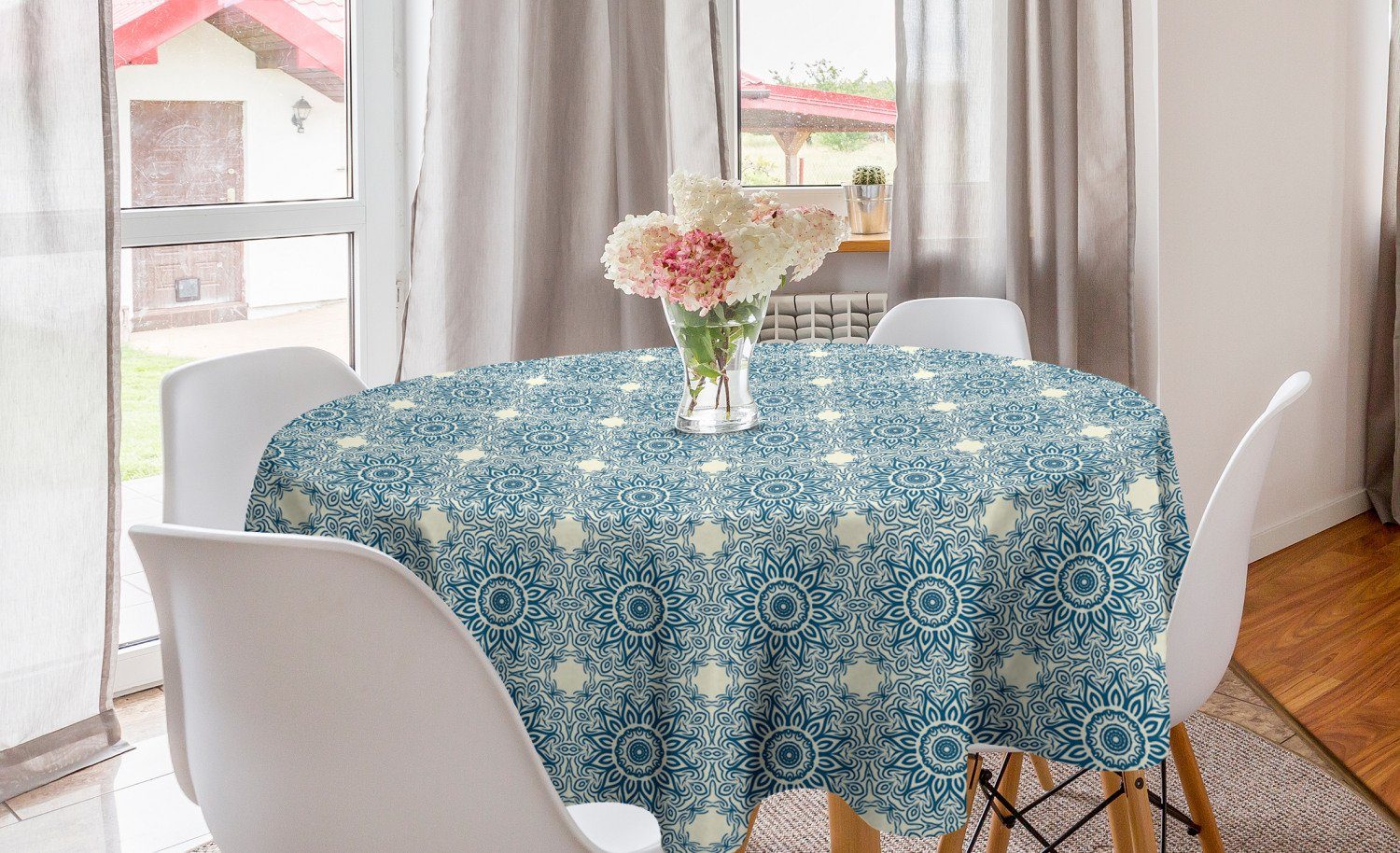 Abakuhaus Tischdecke Kreis für Sonnenblume Dekoration, Blauer Abdeckung Mandala Esszimmer abstrakte Tischdecke Küche
