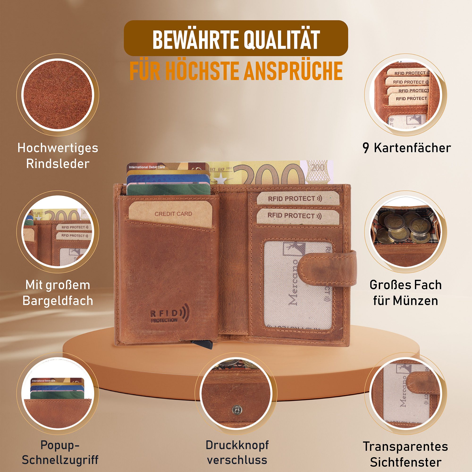 Mercano Geldbörse aus Echtleder für Damen, Kartenetui mit Popup-Schnellzugriff (inkl. Geschenkbox), RFID-Schutz, Münzfach, Flipcase