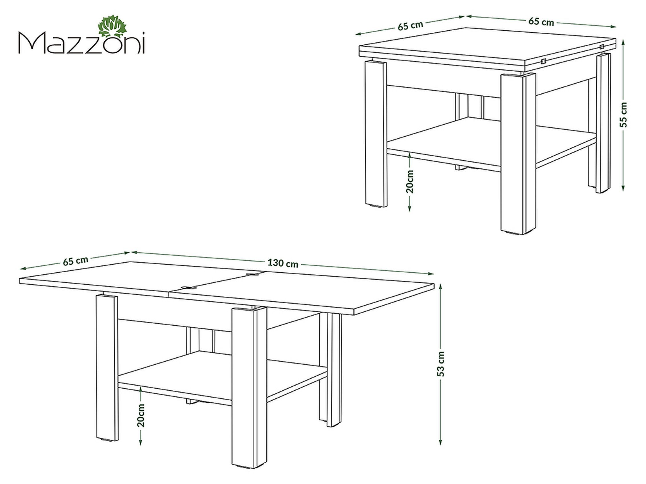 - Eiche Weiß Eiche Tisch matt aufklappbar Sonoma Weiß Leo 130cm / - matt Couchtisch 65 Design Sonoma Mazzoni