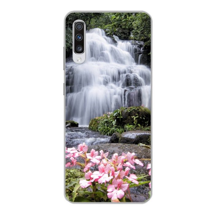 MuchoWow Handyhülle Rosa Löwenmäulchenblüten wachsen vor einem Wasserfall im Phu Hin Rong Phone Case Handyhülle Samsung Galaxy A70 Silikon Schutzhülle