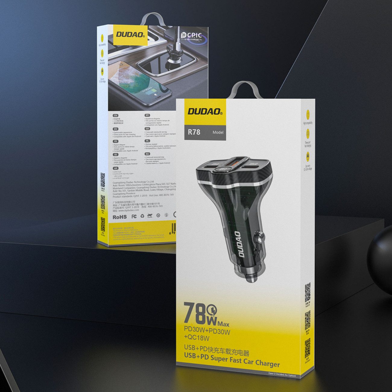 Dudao R78 KFZ-Adapter Kfz-Stecker (12V/24V) zu USB-A, USB-C, 78W Autoladegerät mit PD und QC, 2x USB-A & 1x USB-C – Bild 5 von 5