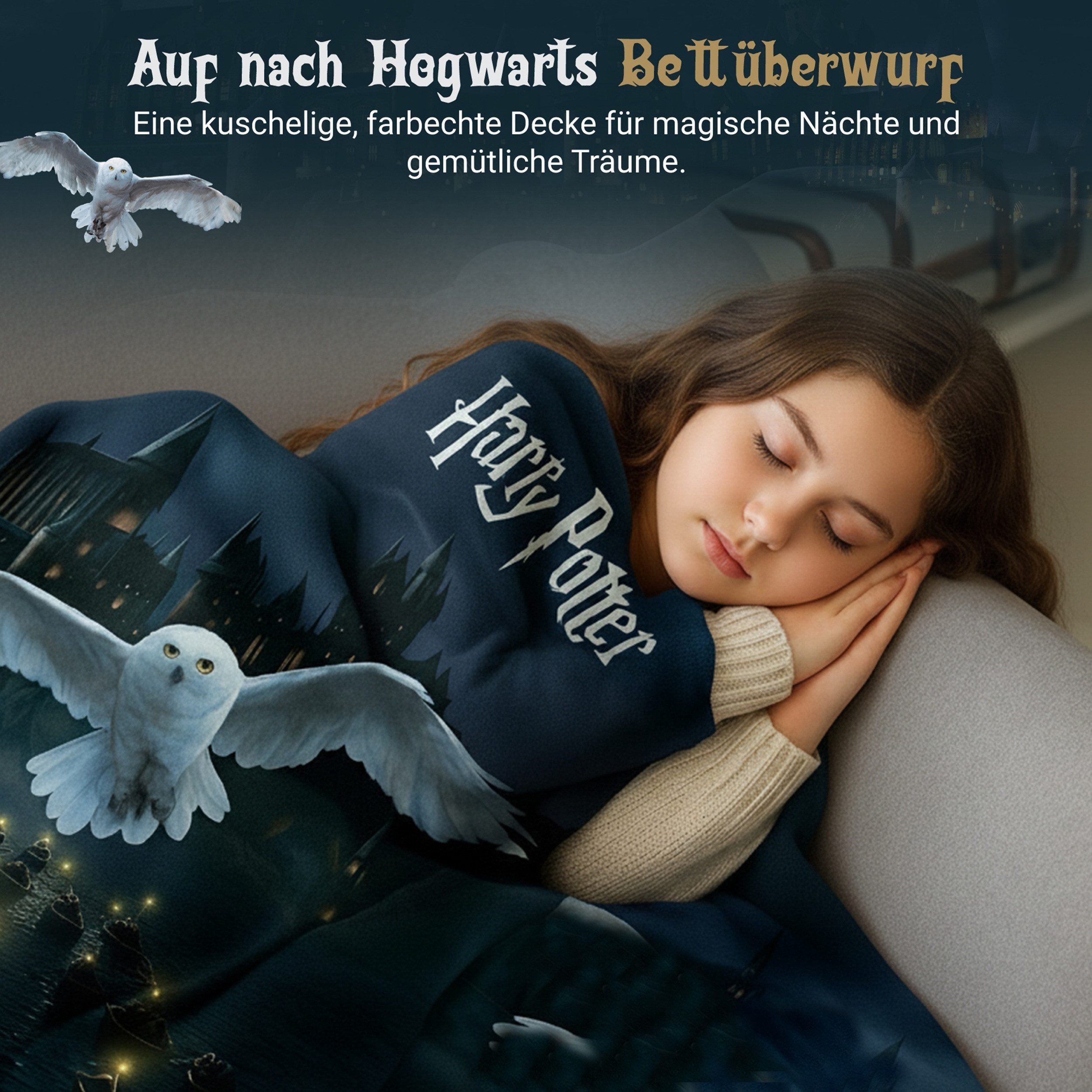 Kinderdecke Super flauschige Harry Potter Kuscheldecke Motiv "Hedwig" 150x200 cm, Familando, mit Schriftzug und Zauberschule Hogwarts