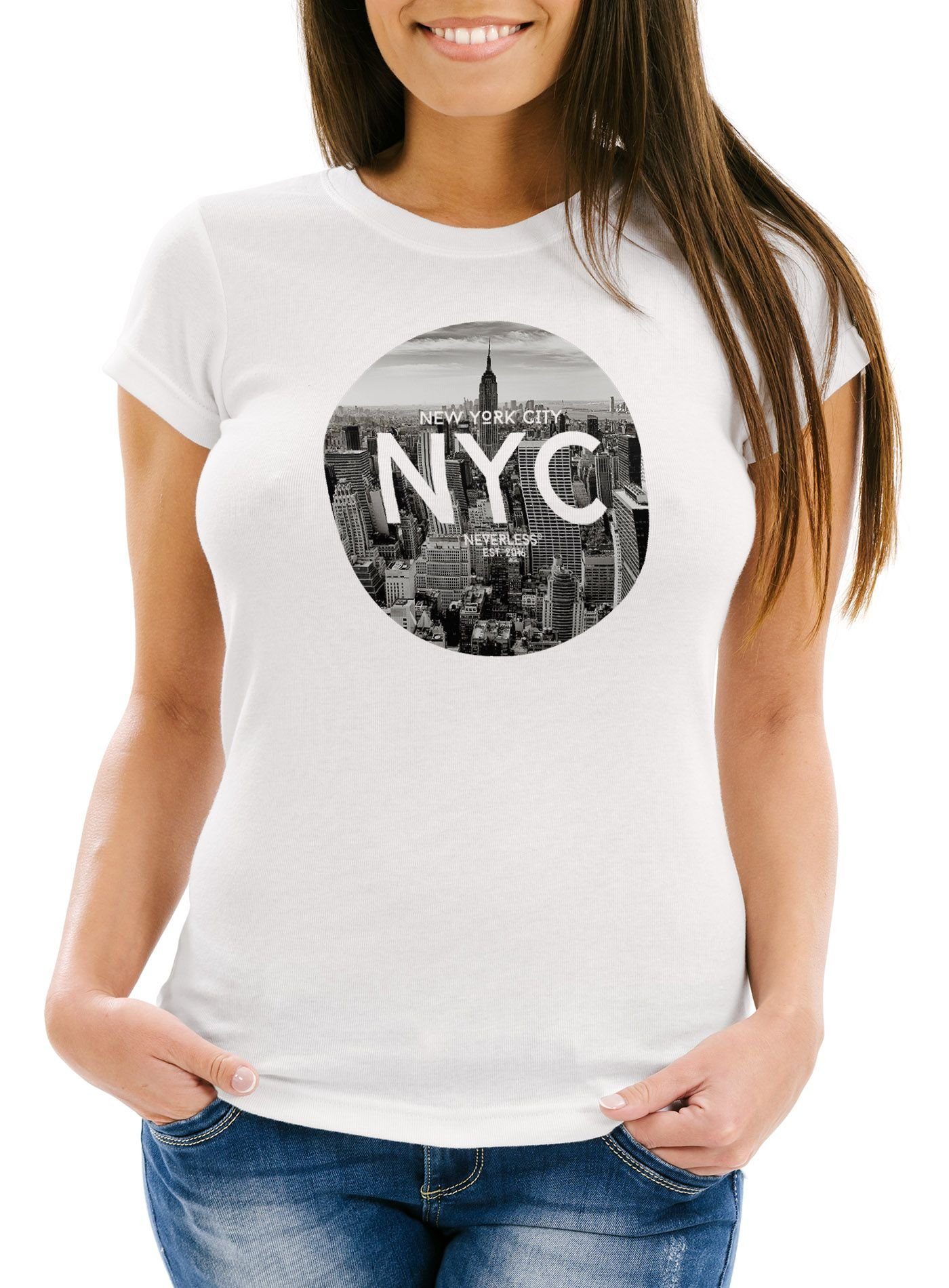 Print-Shirt Damen T-Shirt NYC New York City Manhatten Skyline Fotoprint Slim Fit