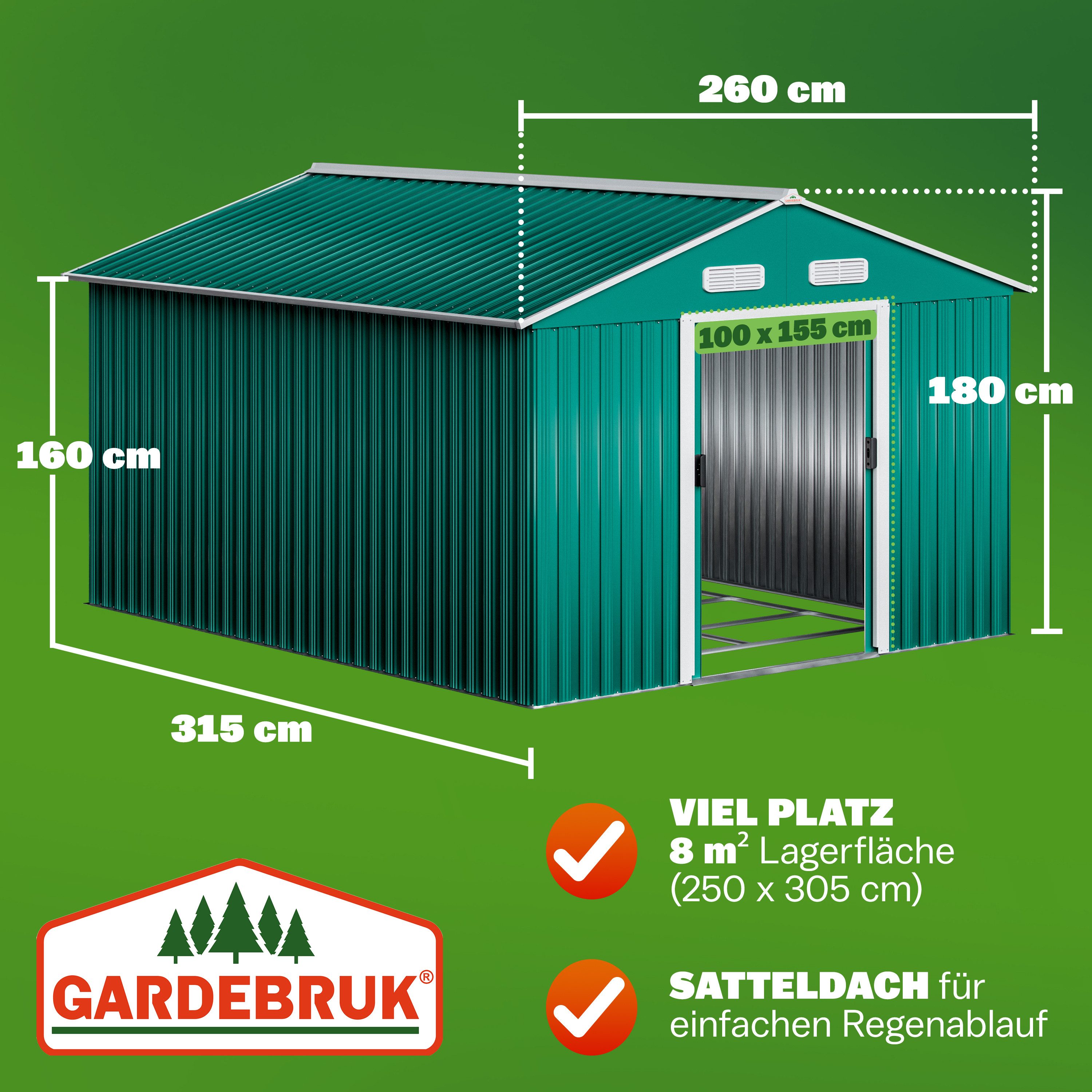 Gardebruk Gerätehaus, BxT: 312x257 cm, XXXL Metall 8m² mit Fundament 312x257x178cm Schiebetür Grün