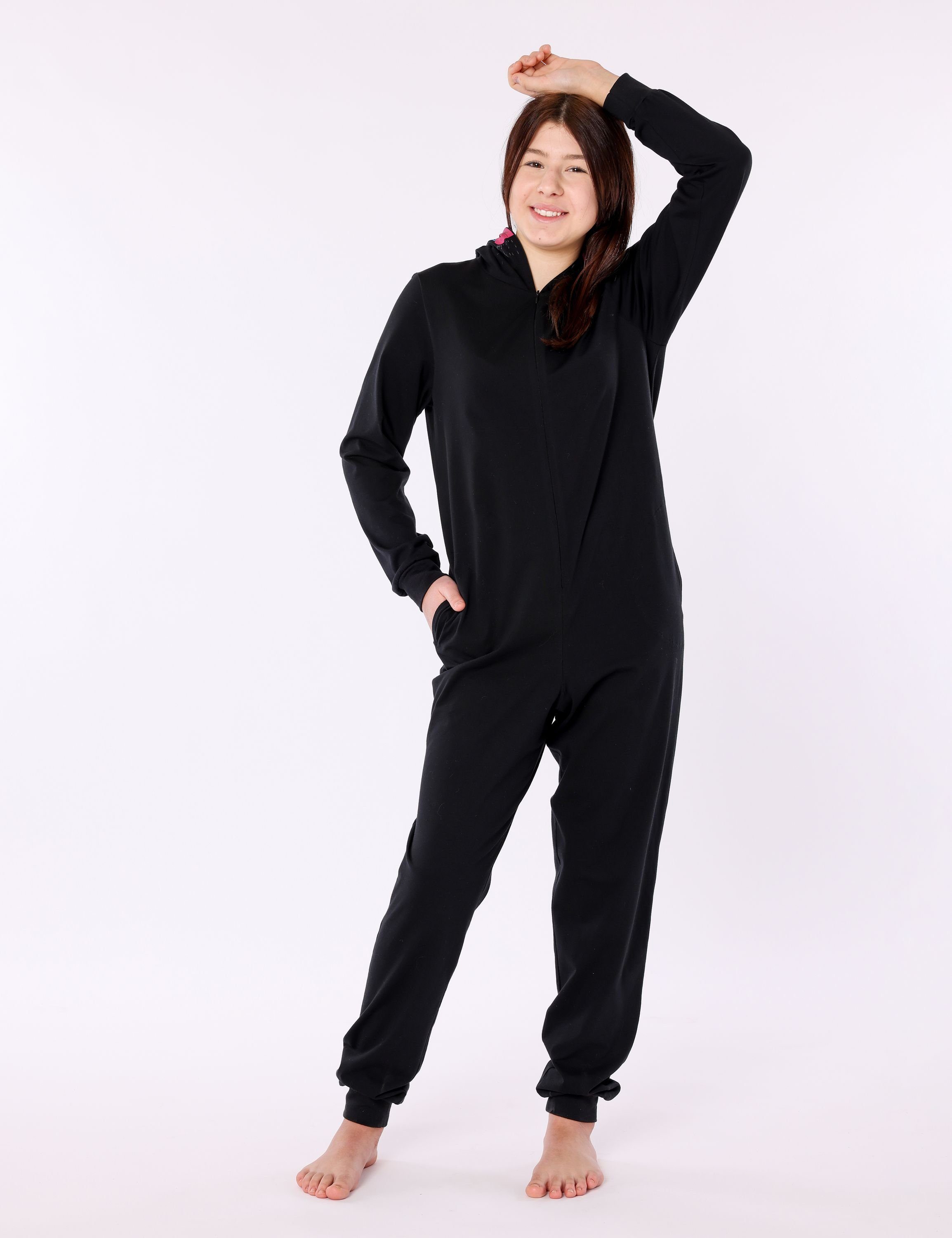 Ladeheid Schlafanzug mit Pavian Tiermotiv LA40-233 Baumwolle aus mit Mädchen Kapuze Kapuze Schlafoverall Schwarz