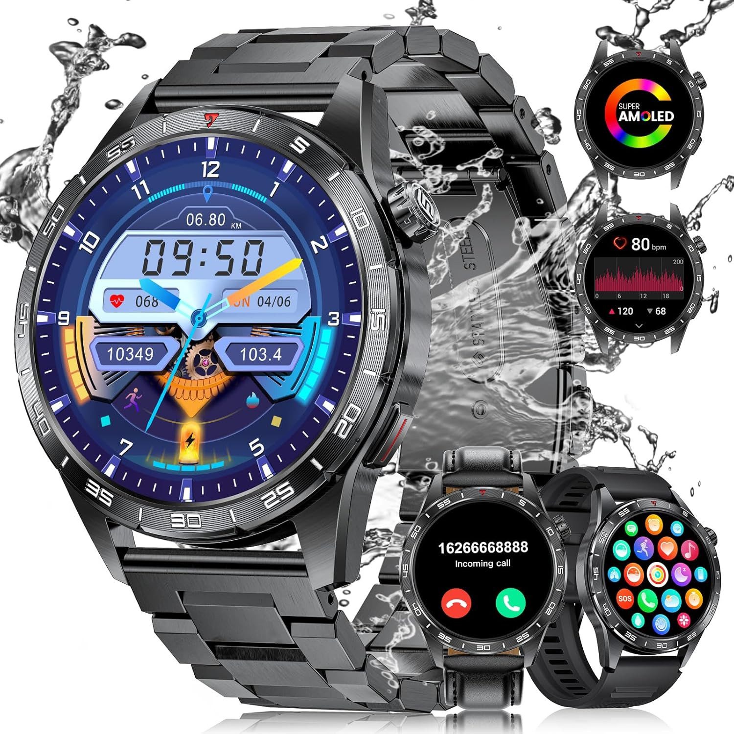 BENYAR SML3-E Smartwatch (3,6 cm, android ios), Smartwatch mit AMOLED Display Telefonfunktion Militärdesign IP68