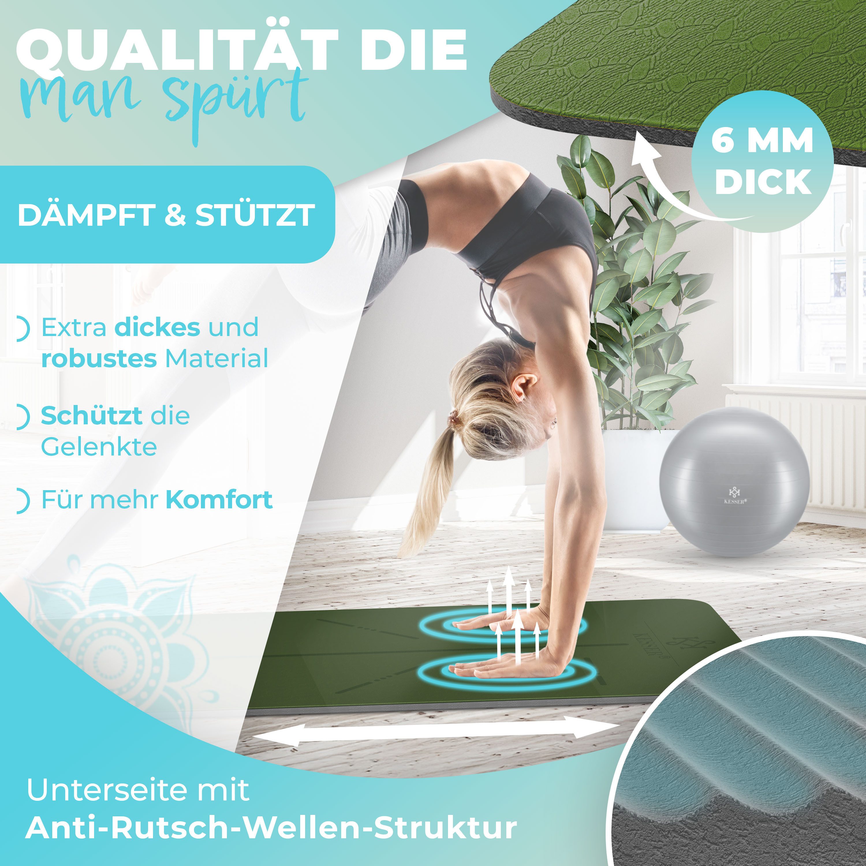 KESSER Yogamatte, Gymnastikmatte + Tragegurt rutschfest TPE Yogamatte gepolstert