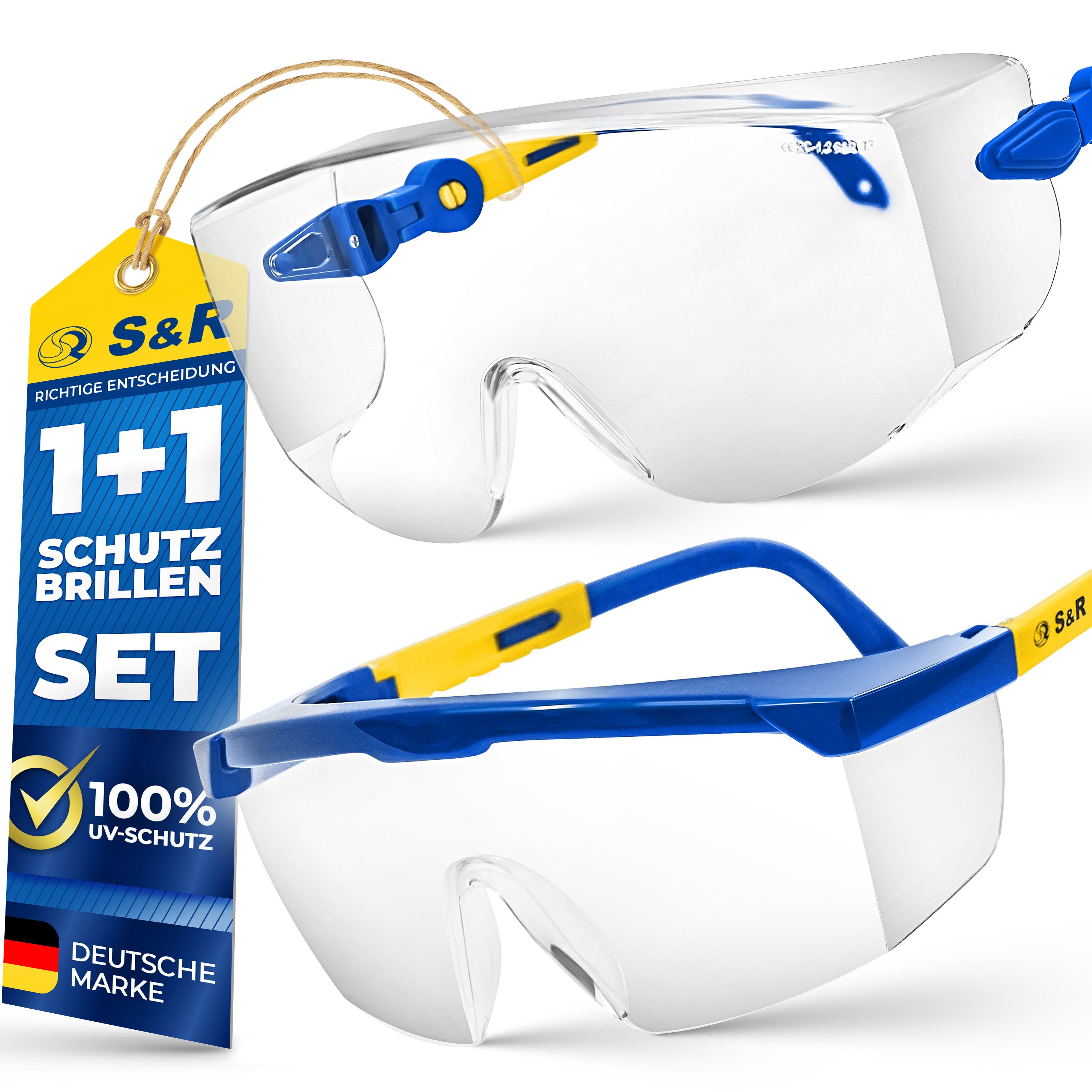 S&R Arbeitsschutzbrille Überbrille für Brillenträger, EN166, verstellbare Bügel, UV 400 Schutz, (Set, 2St., 2 Sicherheitsbrillen 1 Schützhülle, 1 schonendes Reinigungstuch), Sicherheitsbrillen aus stoßfestem Polycarbonat, transparent