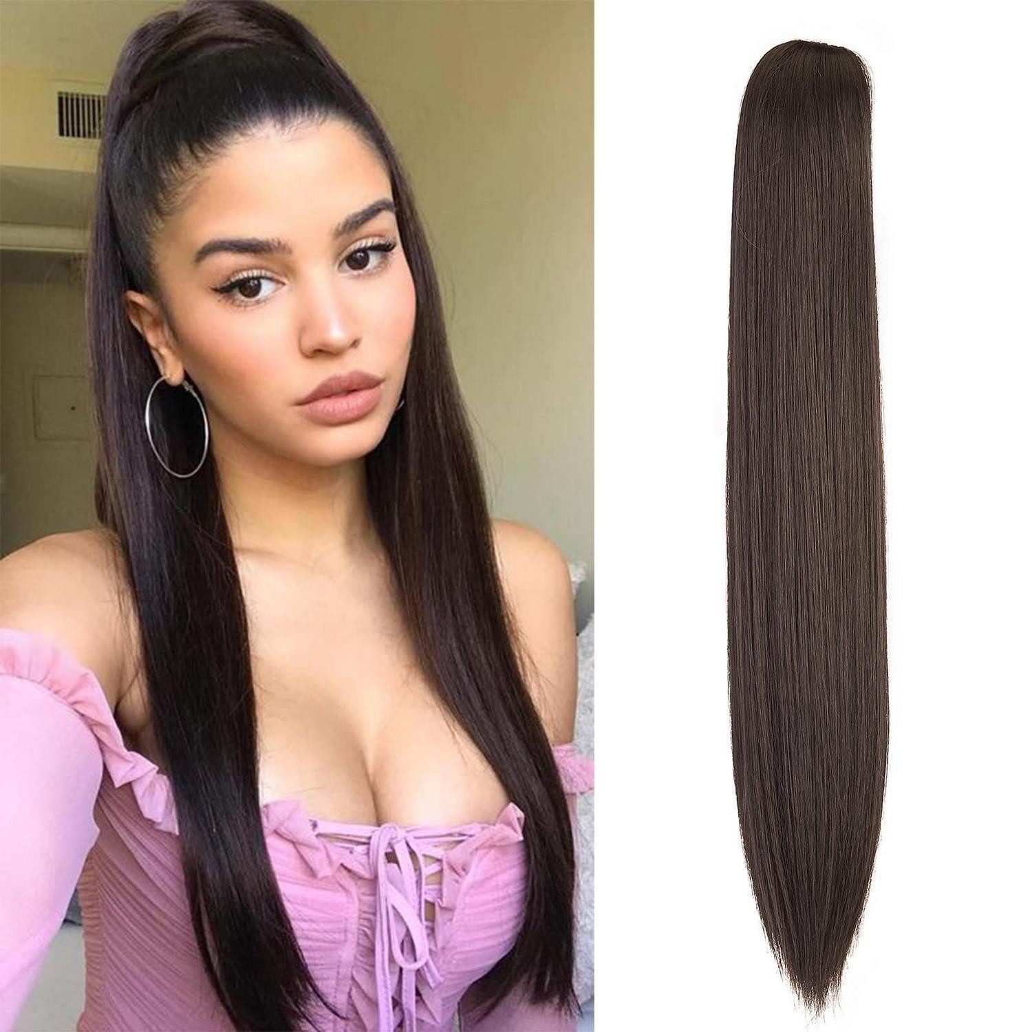 Kunsthaar-Extension Pferdeschwanz Haarteil Clip Ponytail Echthaar 50 cm 150g Mittel braun