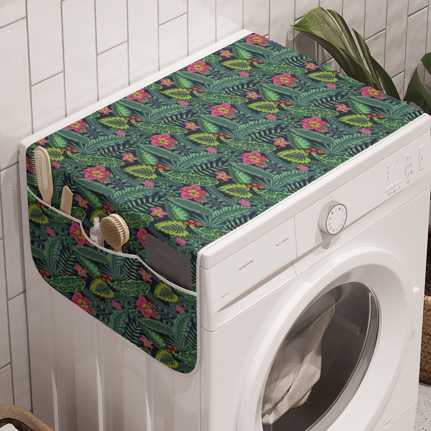 Abakuhaus Badorganizer Anti-Rutsch-Stoffabdeckung für Waschmaschine und Trockner, Laub Palm Blätter und Blumen