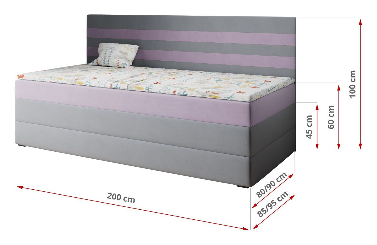 Violett Kinderzimmer, für Stauraum Grau 90x200 Boxspringbetten Kinderbett MKS MIKO MÖBEL 2, Jugendbett Mit und