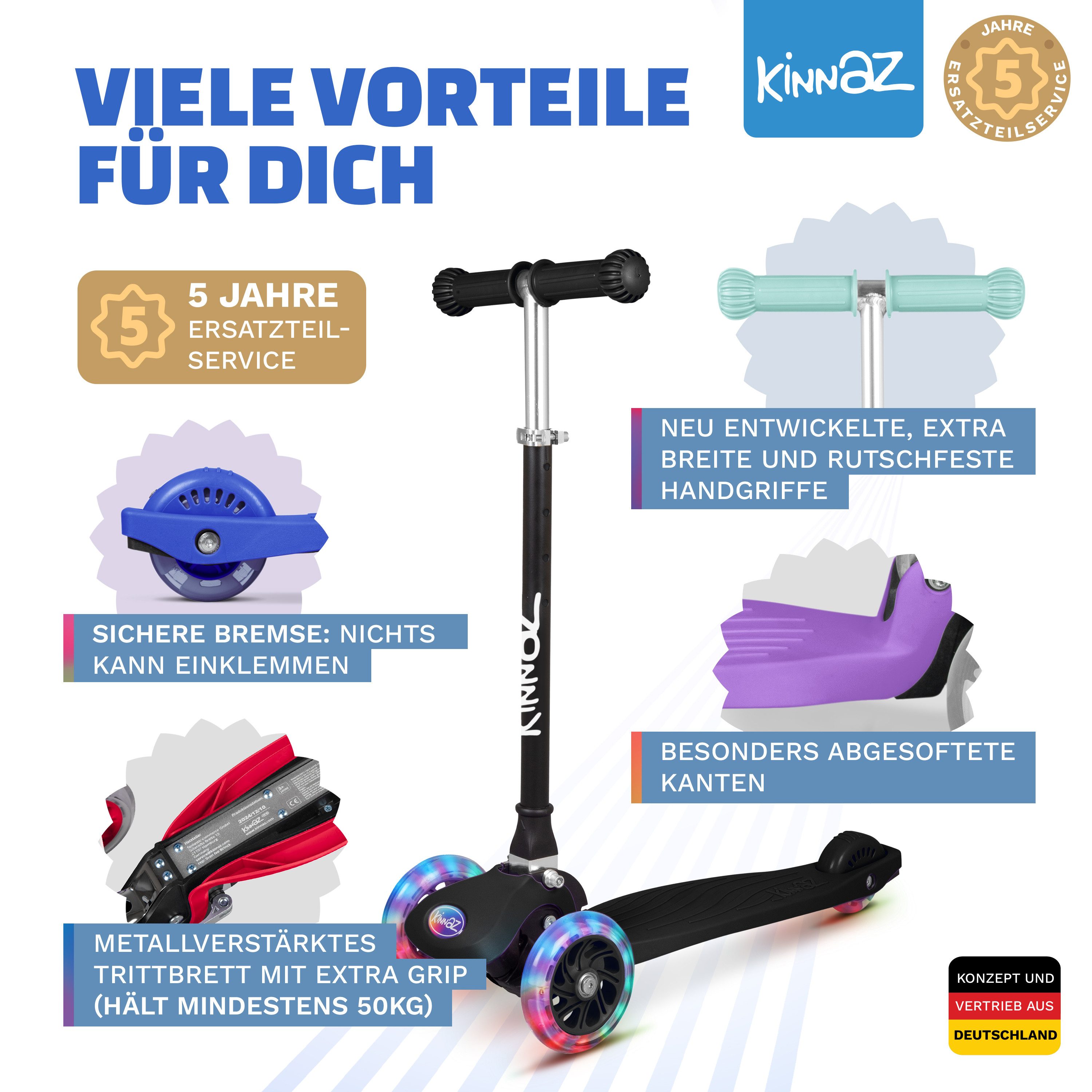 KINNAZ Dreiradscooter ab 2 Jahre LED, faltbar, Höhe flexibel, Kinderoller, Scooter, Roller, (Kinderroller, kinnaz ONE), Händler aus Hamburg – Bild 5 von 5