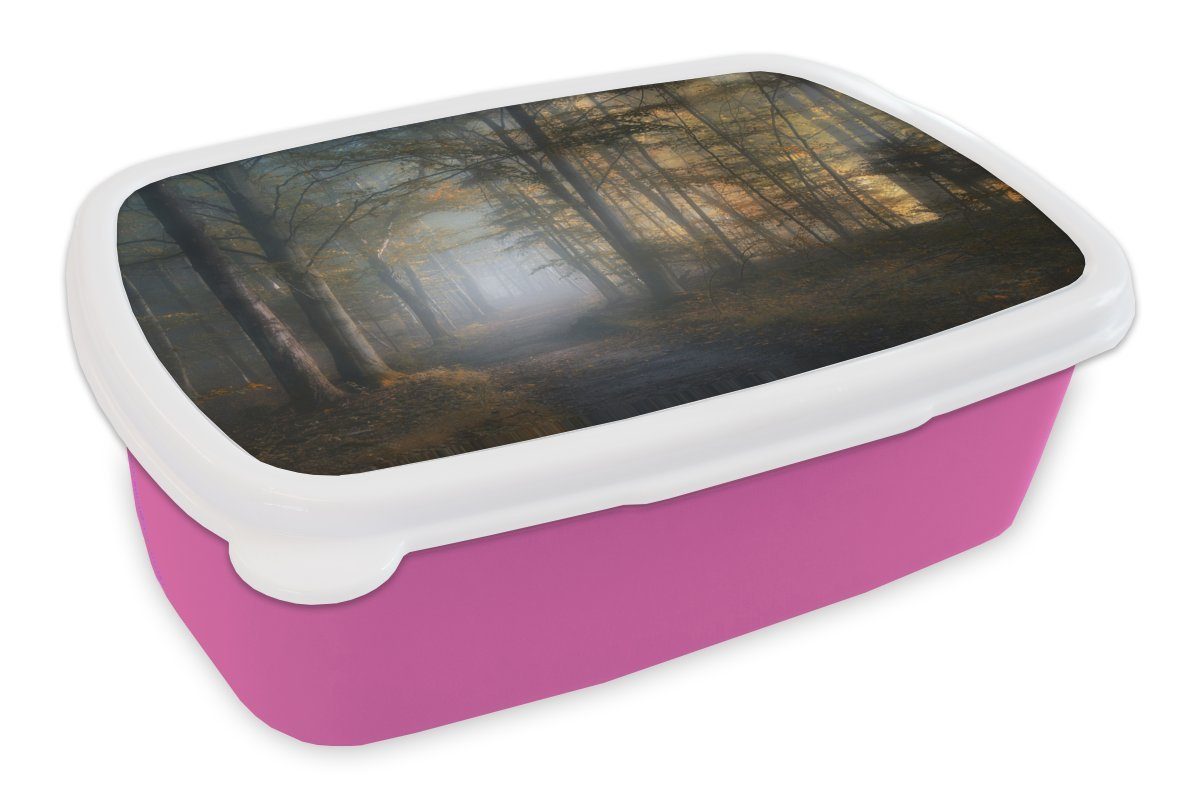 MuchoWow Lunchbox Wald - Nebel - Bäume - Waldweg - Natur - Pflanzen, Kunststoff, (2-tlg), Brotbox für Erwachsene, Brotdose Kinder, Snackbox, Mädchen, Kunststoff rosa