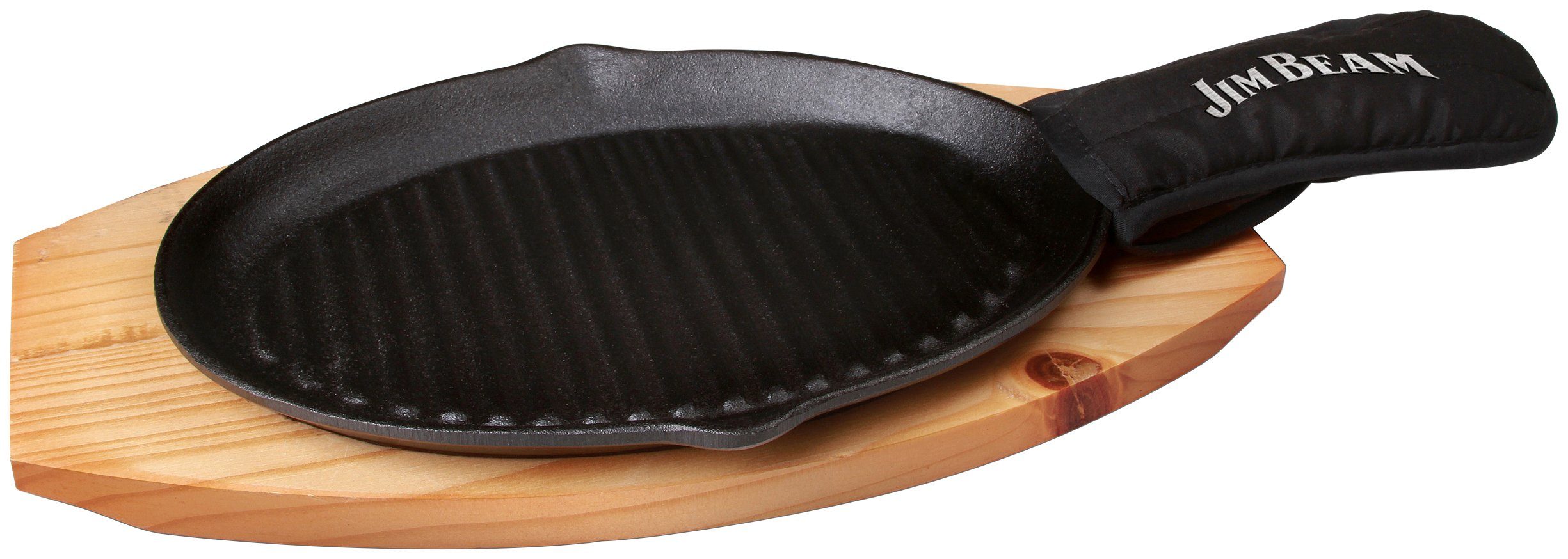 Jim Beam BBQ Grillpfanne, inkl. und Holzuntersetzer Griffüberzug Gusseisen Stk., (Set), 4