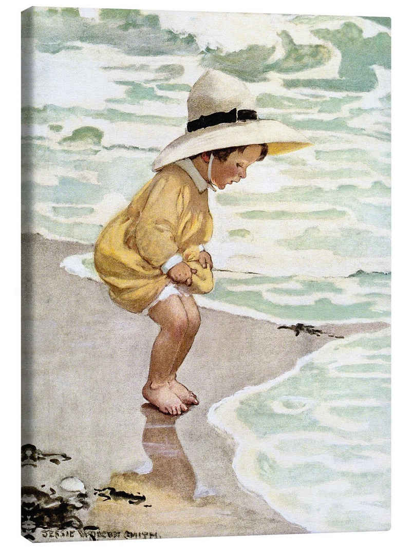 Posterlounge Leinwandbild Jessie Willcox Smith, Ein kleines Mädchen spielt in den Wellen, Badezimmer Maritim Illustration