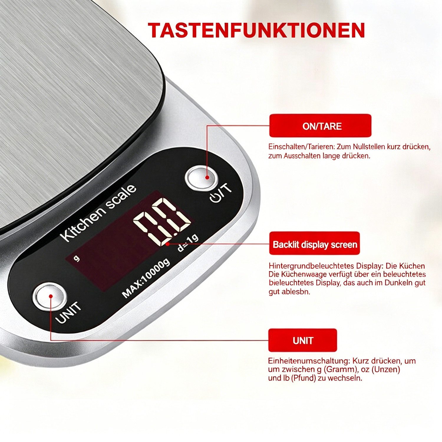 ibettertec Küchenwaage Lebensmittel Küchenwaage Digital Gewicht Gramm und Oz, LCD-Display, Küche Lebensmittelwaage 10kg/1g für Gewichtsverlust Diät Backen Koche – Bild 2 von 5