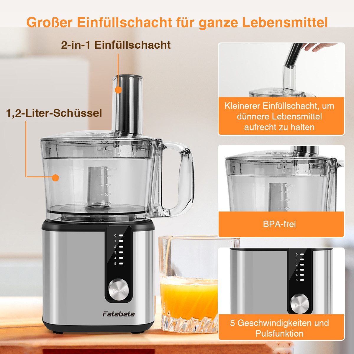 7MAGIC Küchenmaschine 9 in 1 Multifunktional Food Processor, Kompakt Küchenmaschine, 750 W, 1.2 l Schüssel, inkl. Zerkleinerer, 1,8L mixerbecher und weiteres Schneidzubehör