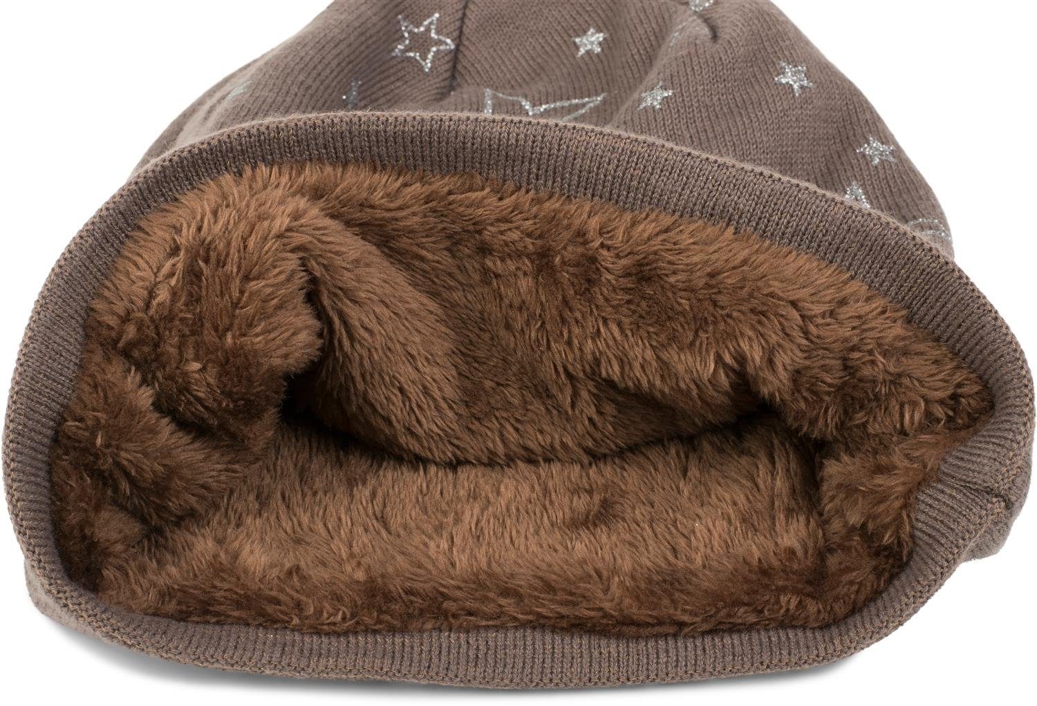 styleBREAKER Strickmütze Feinstrick Beanie mit Glitzer Stern Print (1-St)