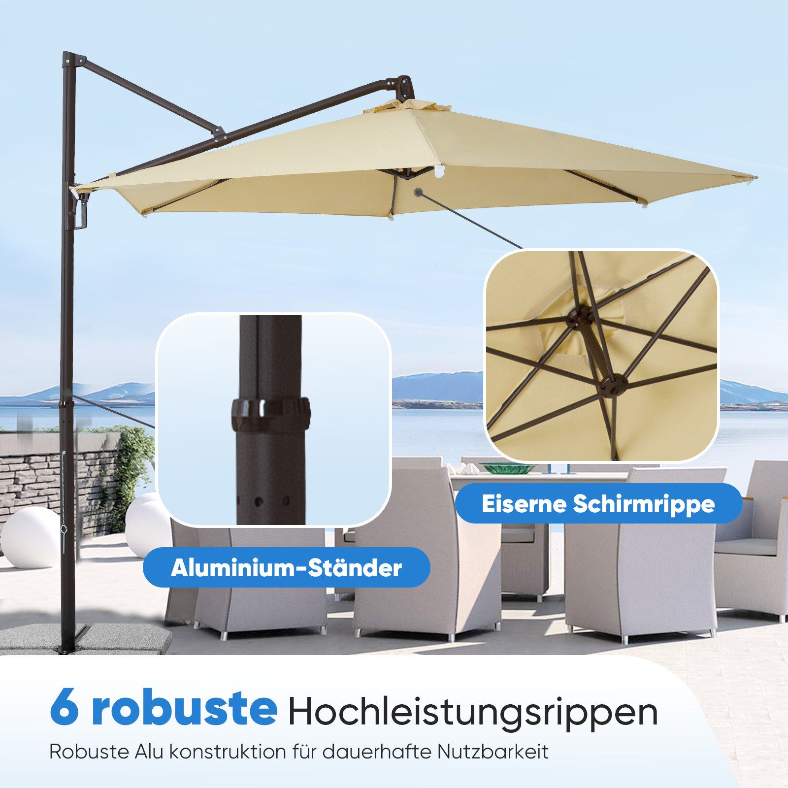 Sekey Ampelschirm 300cm Alu Sonnenschirm, 360° günstig online kaufen