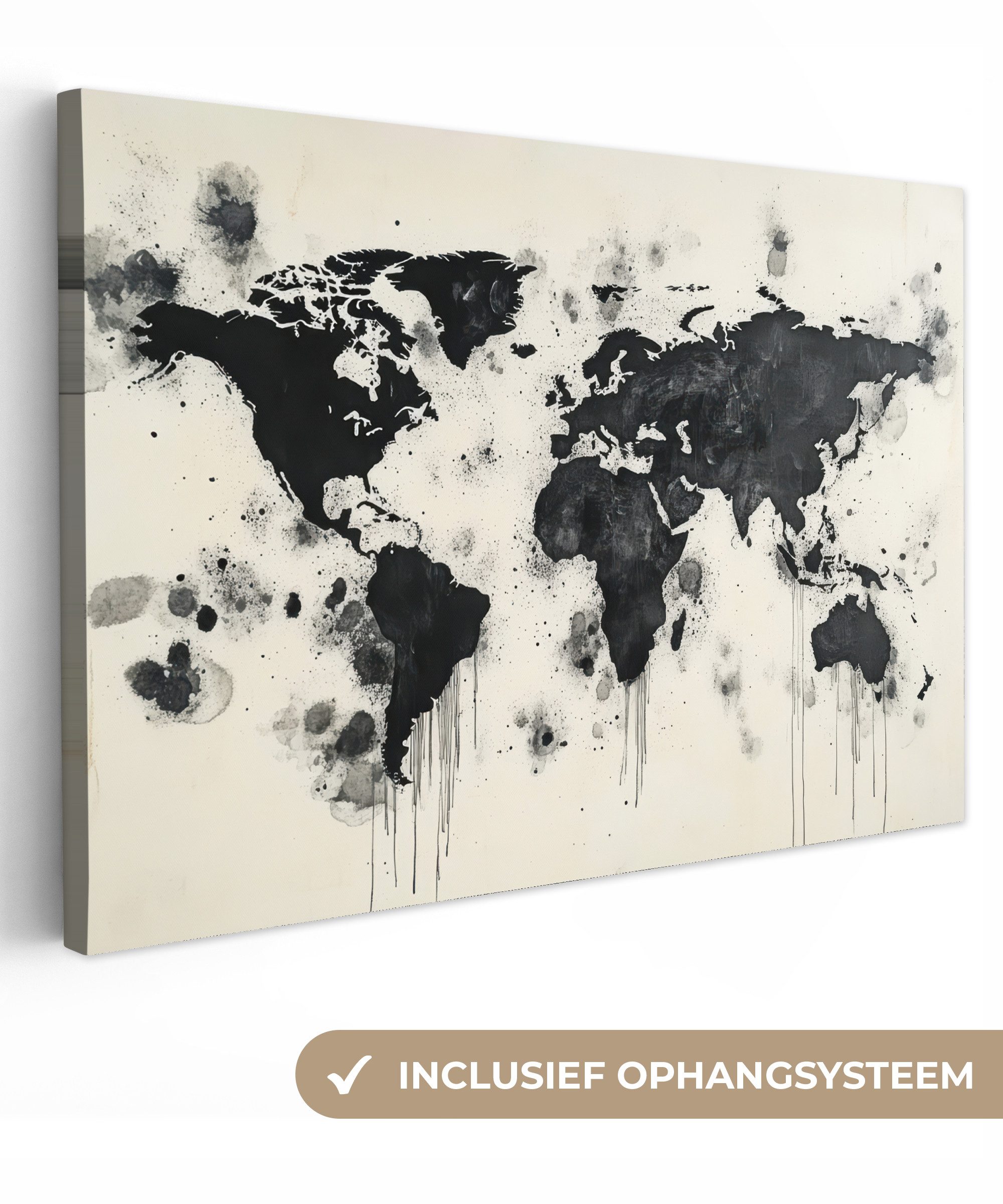 OneMillionCanvasses® Leinwandbild Weltkarte - Schwarz - Tinte, Fotodruck (1 St), Leinwand Bilder groß für Wohnzimmer 140x90 cm