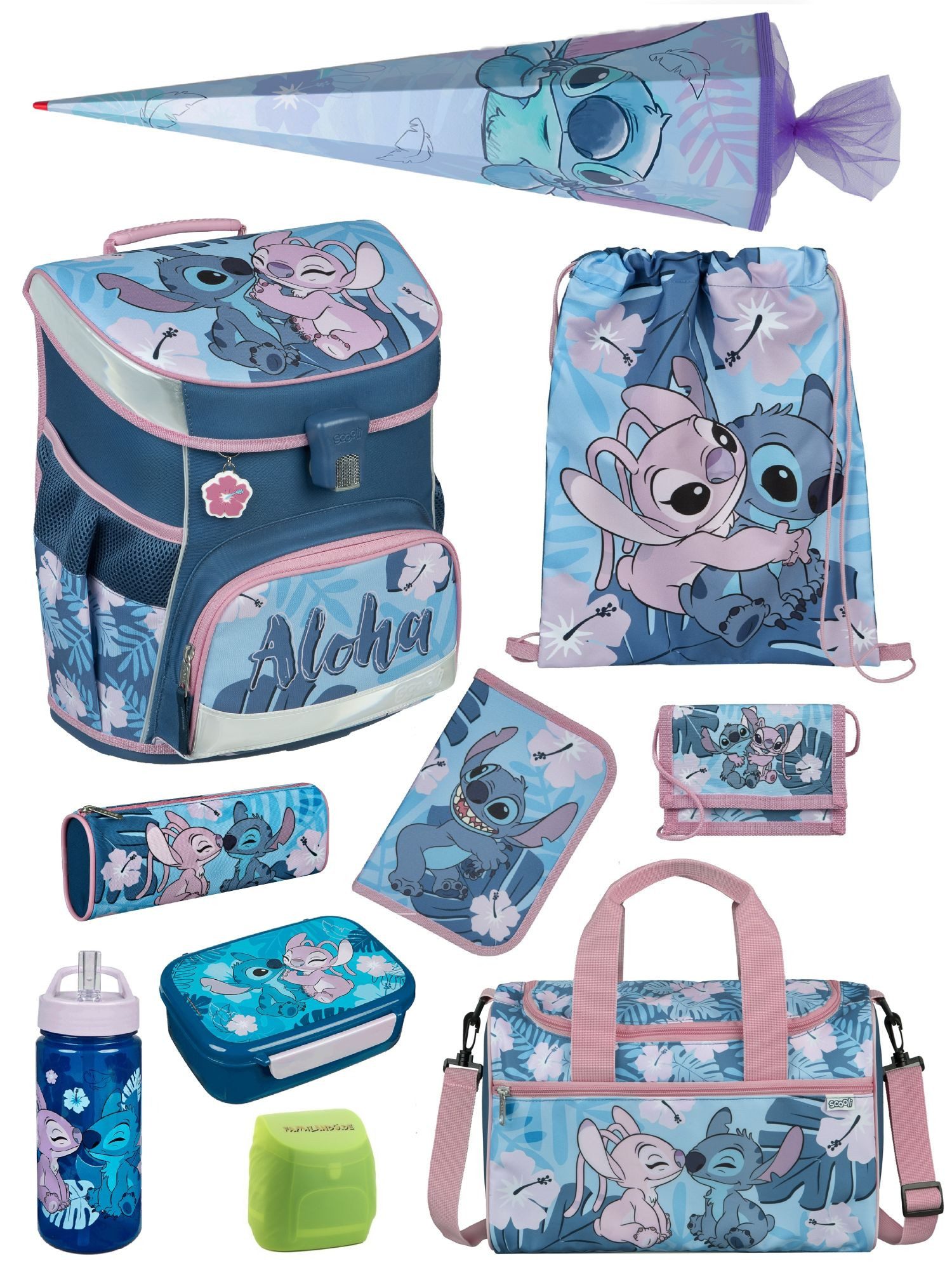 Scooli Schulranzen Campus Fit Disney Stitch Schultasche ab der 1. Klasse (Komplett-Set, 10-tlg., mit Lunch-Set, Sporttasche und Schultüte 85cm), mit Brustgurt, 980 Gramm leicht, 18L Volumen