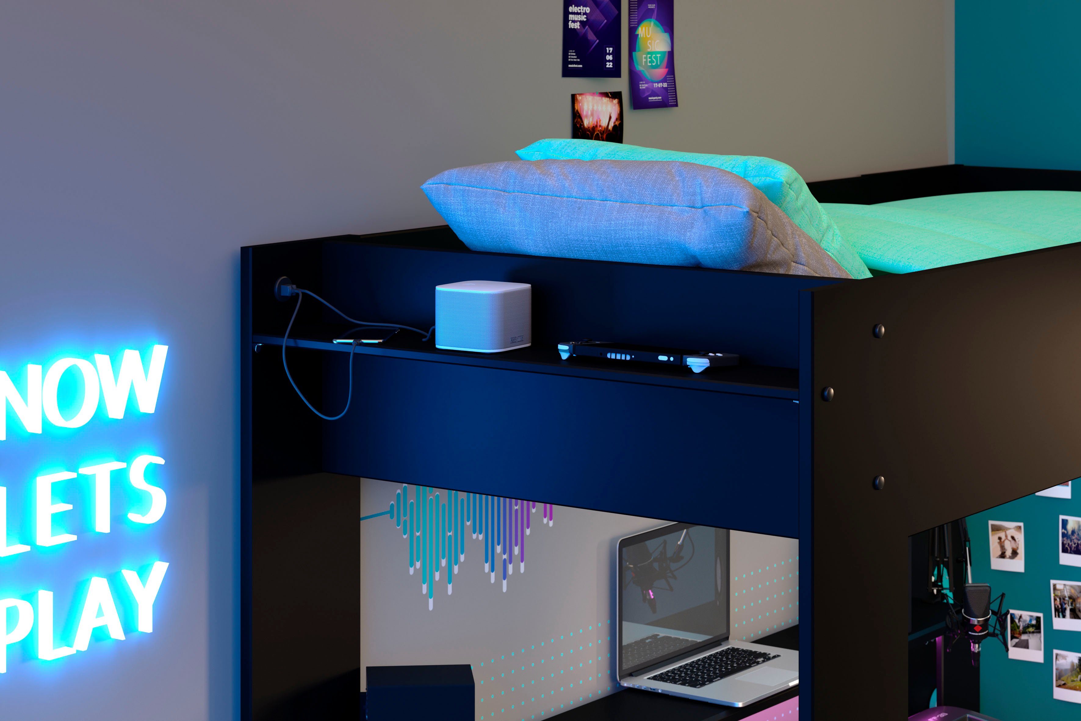 Gaming-Bett, LED, Parisot USB, mit Schreibtisch Hochbett Stauraum,