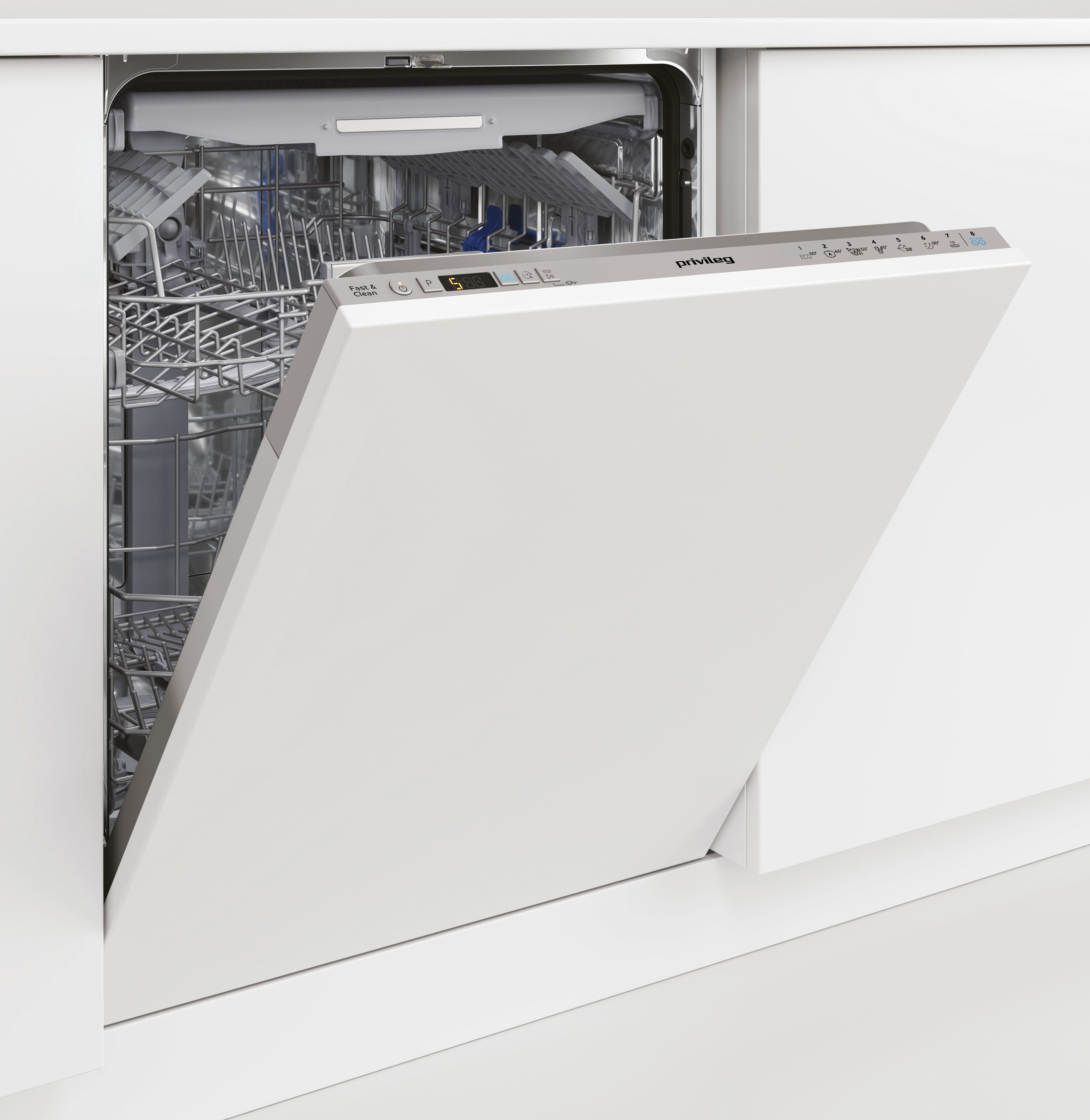 Privileg vollintegrierbarer Geschirrspüler P0I ECO D551 S, 14 Maßgedecke, Fast&Clean 28’ – das effektive Reinigungsprogramm unter 28 Minuten