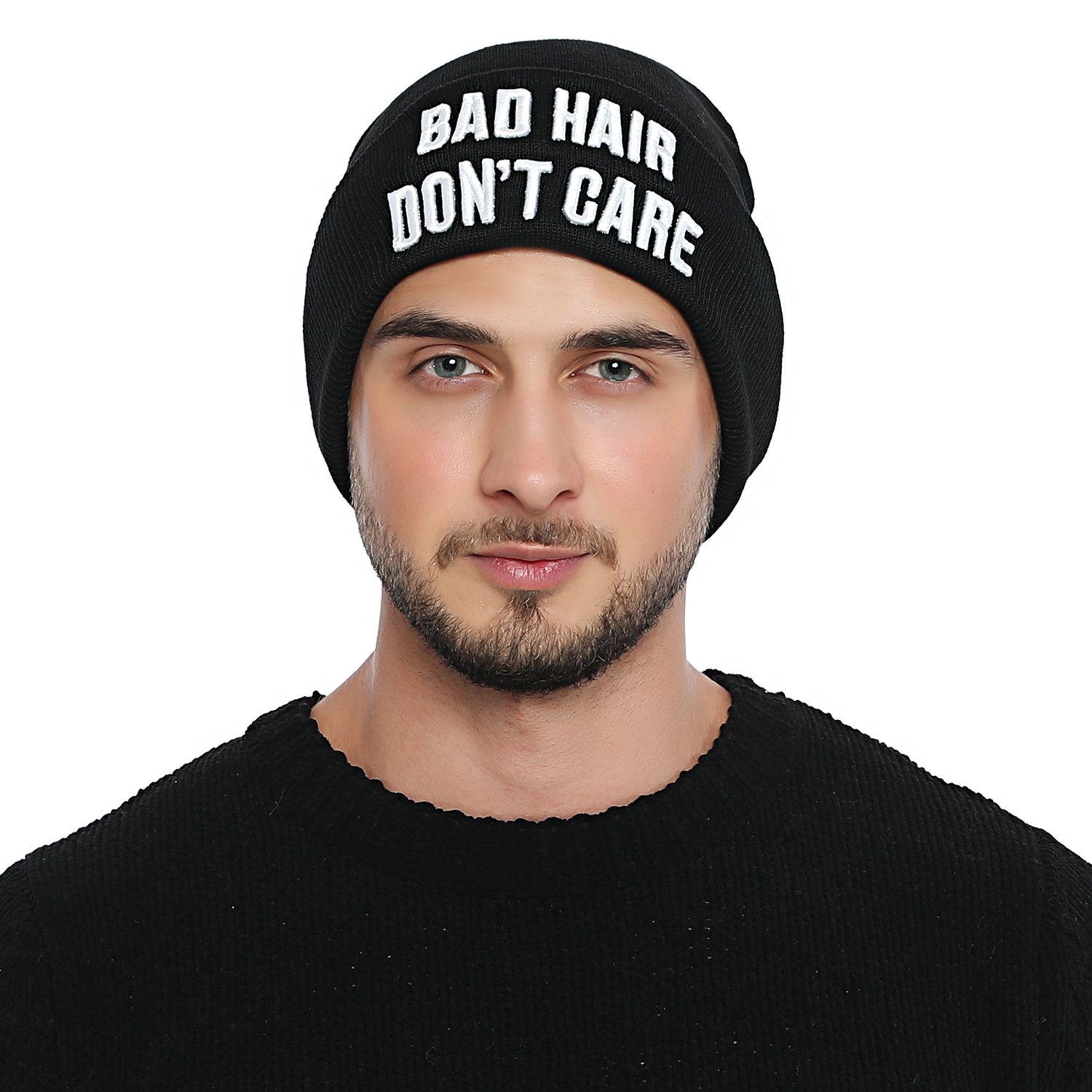 Beanie Winter Statement-Print, "BAD Herren - (Packung, schwarz Beanie CARE" mit mit DonDon 1-St) HAIR DON'T Strickmütze stylische Wintermütze, Krempe coolem