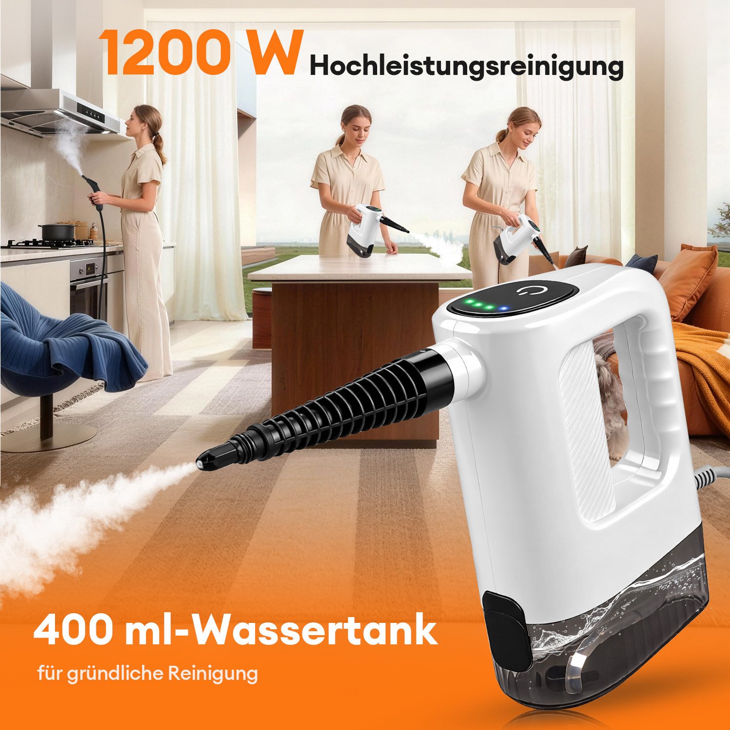CkeyiN Handdampfreiniger Mehrzweck-Dampfreiniger 15s Aufheizzeit 150-450 Kpa Dampf 3 Stufe, 1200 W, mit 400-ml-Wassertank 13 Zubehörteilen gegen Fett-und Kalkablagerungen
