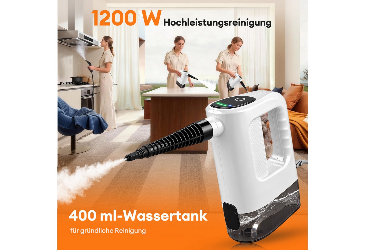 CkeyiN Handdampfreiniger Mehrzweck-Dampfreiniger 15s Aufheizzeit 150-450 Kpa Dampf 3 Stufe, 1200 W, mit 400-ml-Wassertank 13 Zubehörteilen gegen Fett-und Kalkablagerungen